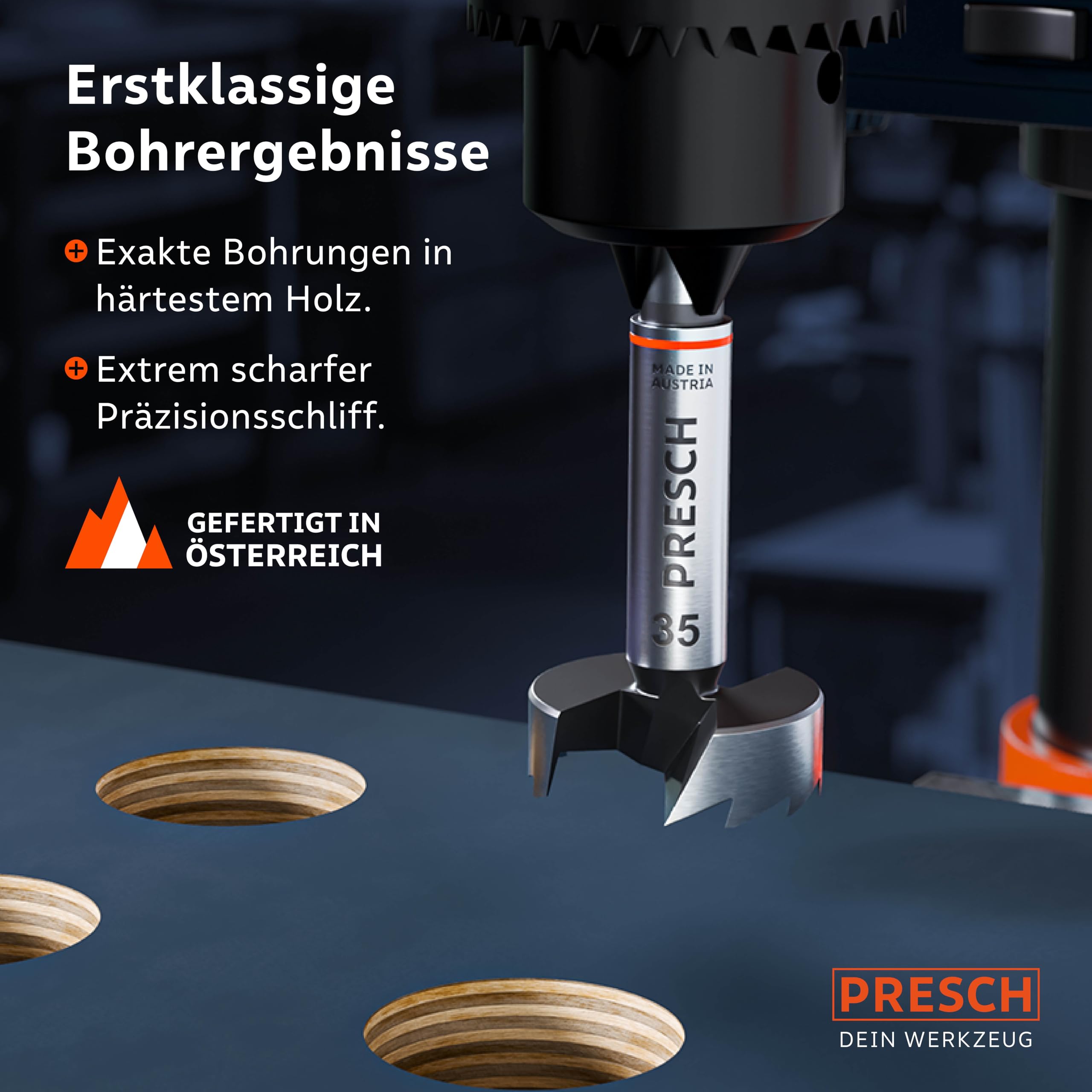 Presch Forstnerbohrer Ø 35mm - Extrem scharfer, langlebiger Astlochbohrer - Hochpräzise Zentrierspitze für perfekten Rundlauf - Zuverlässige Leistung dank optimierter Standzeit
