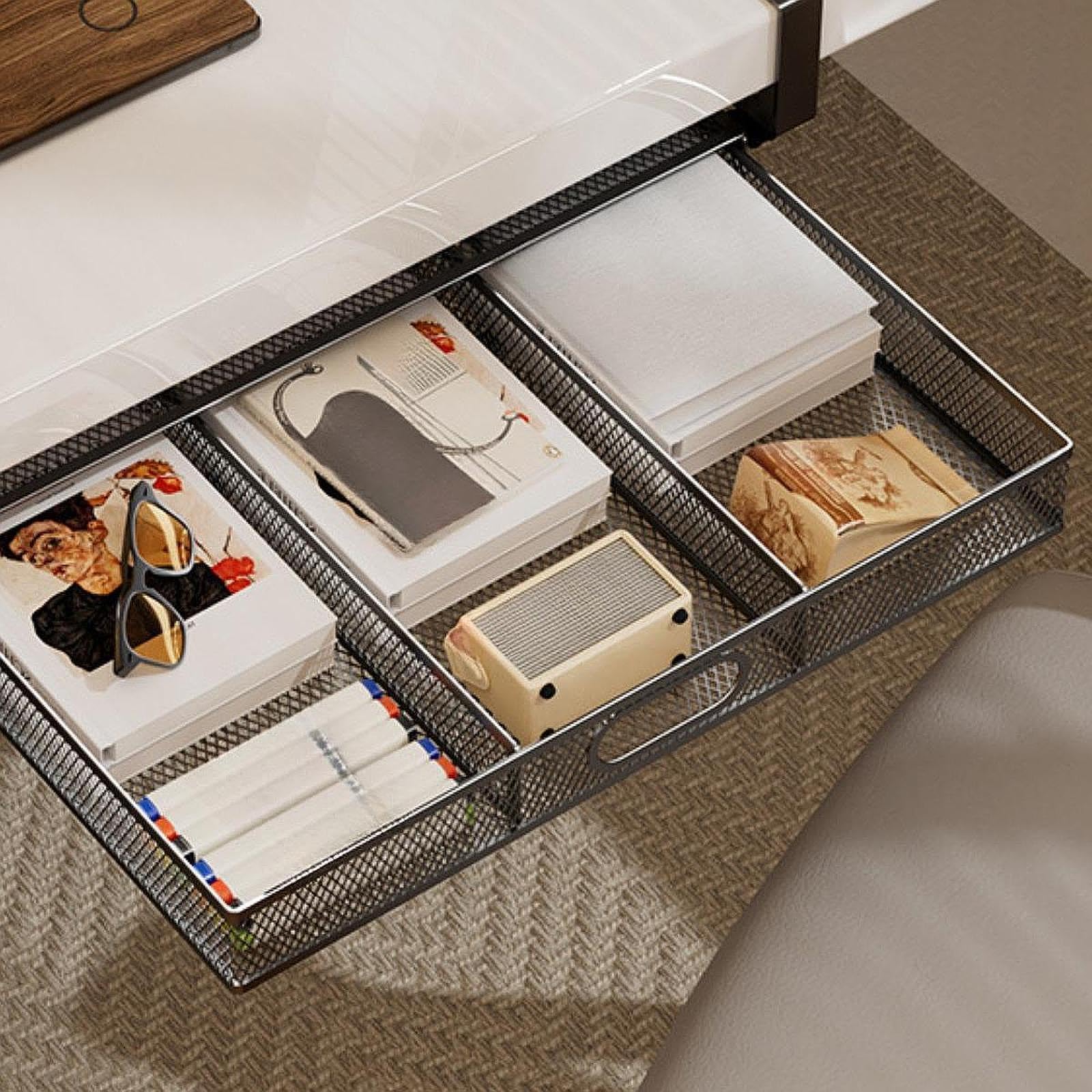 Cestello per cassetto sospeso con meccanismo di scorrimento che offre una comoda organizzazione della scrivania, per ufficio e cucina. Cestello per cassetto estraibile