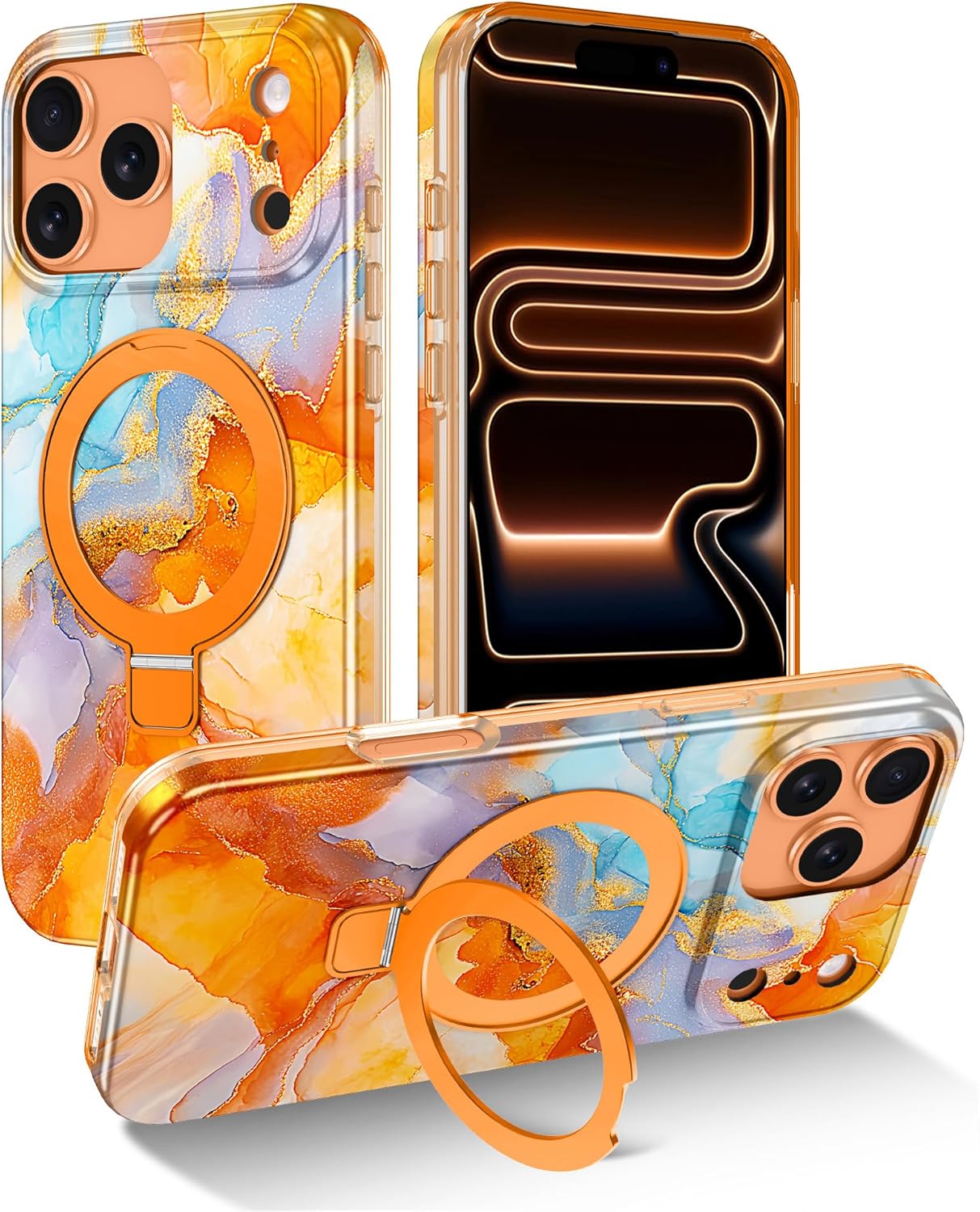 Lamcase for iPhone 17 Pro Max Case with Magnetic Invisible Ring Stand [Compatible with MagSafe], Full Body Rugged Slim Women Men Girl Shockproof Marble Pattern Design Case, Orange