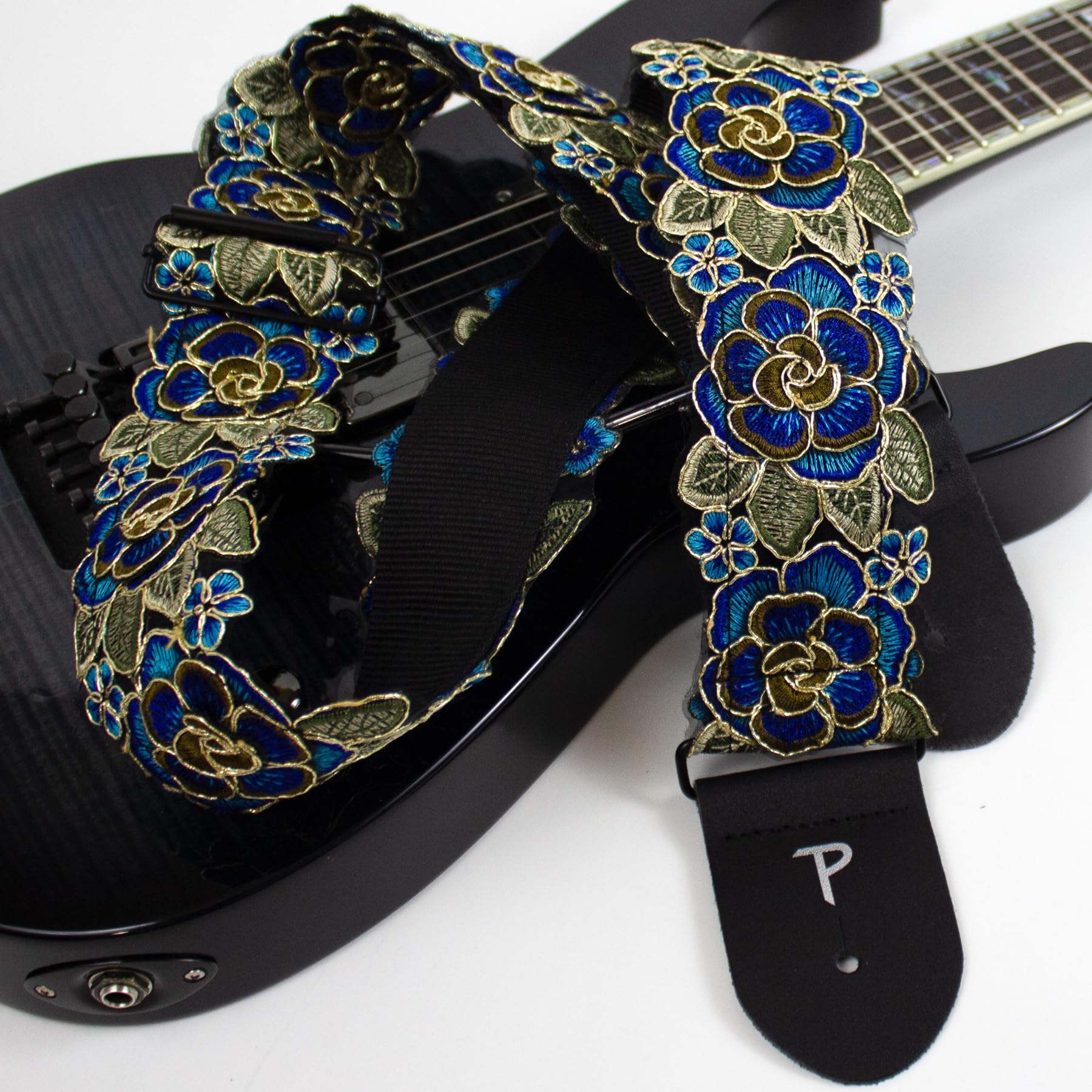 Perri’s Leathers Ltd. – Sangle de guitare en dentelle florale 3D bleue – Longueur réglable – Pour guitares électriques, acoustiques et basses – Bleu et vert – Fabriqué au Canada