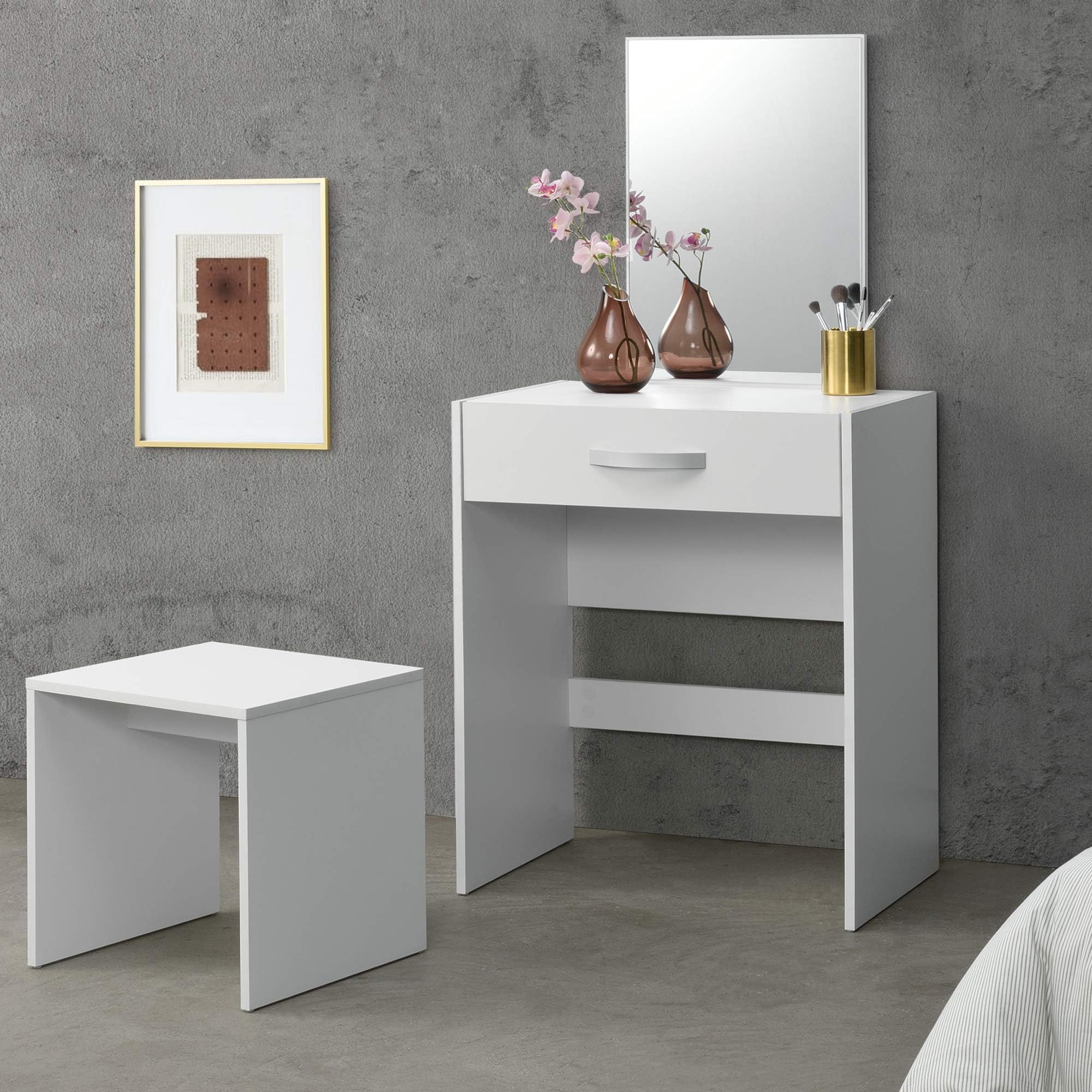 HOMCOM Set Toeletta Con Specchio Ribaltabile E Sgabello Imbottito - Scrivania Da Trucco In Truciolato E1 - Naturale