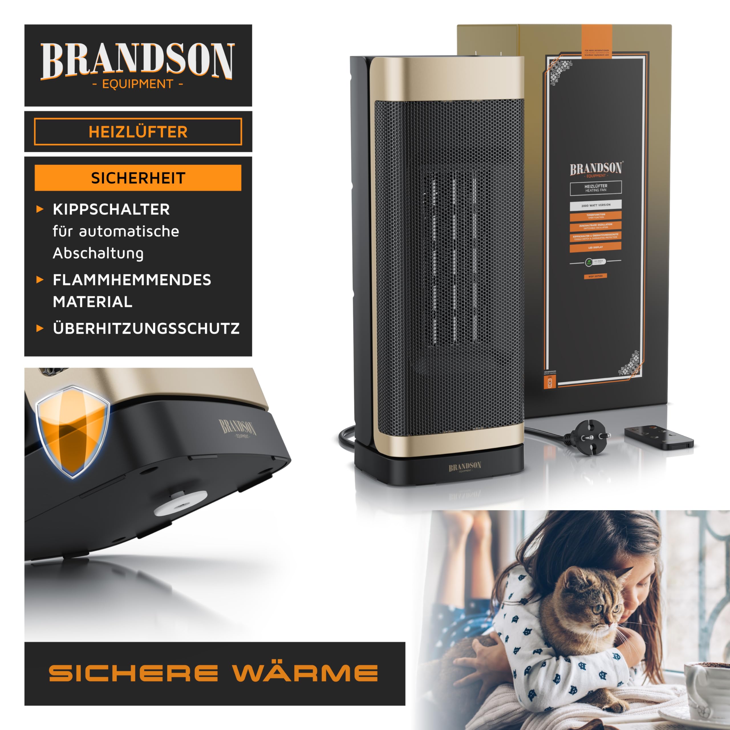 Brandson - Calefactor de bajo consumo silencioso - Oscilación - con mando a distancia - ganador del premio - Modo ECO - 2 niveles - Temporizador - Calentador cerámico - Baño Salón Oficina Habitación