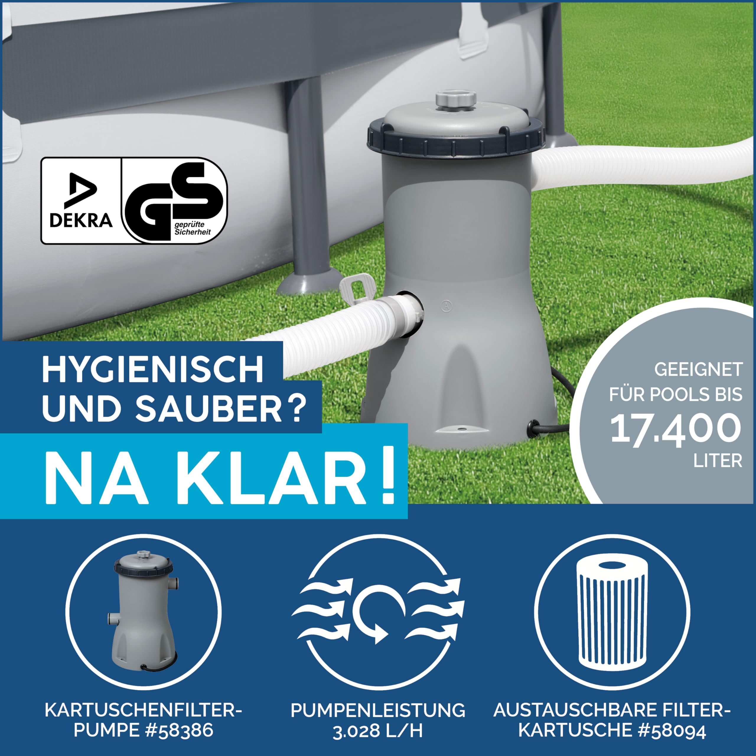 Bestway Power Steel Frame Pool Komplett-Set mit Filterpumpe 488 x 305 x 107 cm, grau, oval
