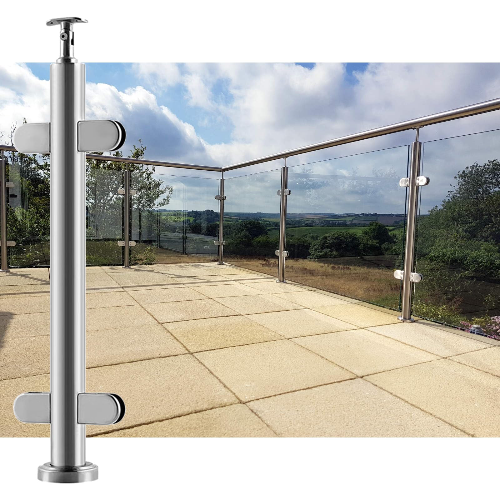 Poteau de balustrade en verre design inox aspect argent élégant hauteur 125 cm
