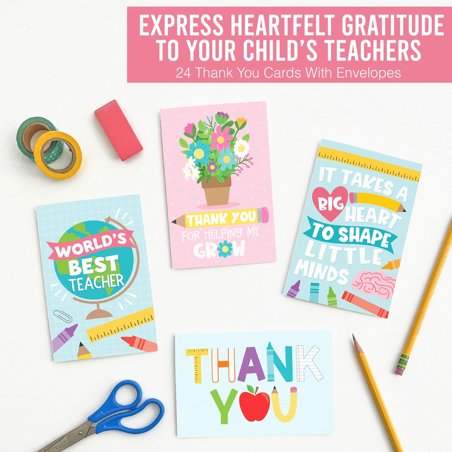 Hadley Designs 24 Teacher Thank You Cards With Envelopes - 4x6 Teacher Appreciation Cards Bulk, Cute Thank You Notes From Students, Assorted End of School Year Card for Teachers Gifts, Designed in USA - Image 5