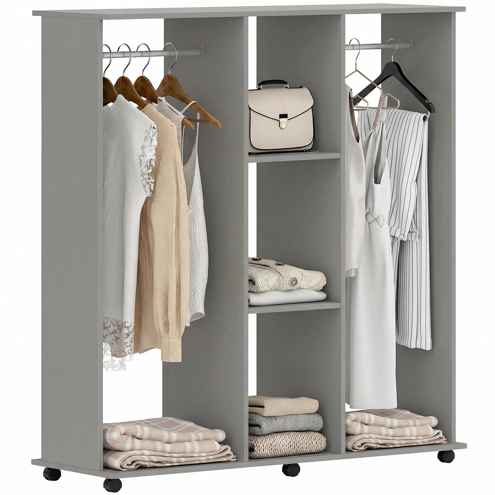 HOMCOM Armoire Penderie Meuble de Rangement Mobile 6 roulettes 120L x 40l x 128H cm en Bois Gris