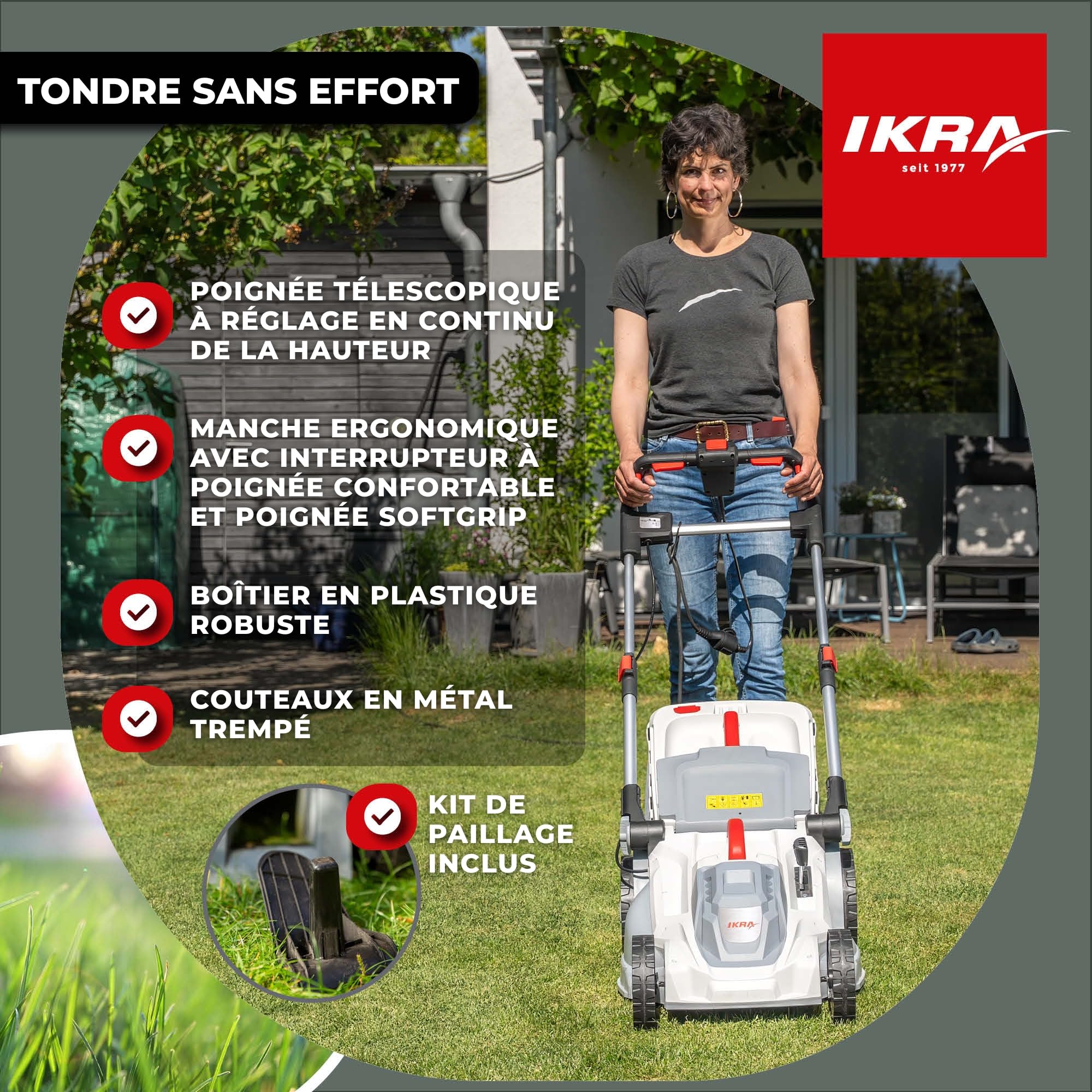 IKRA Tondeuse électrique IERM 2043 T 2000W Hauteur de Coupe 30-75mm Largeur de Coupe 43cm