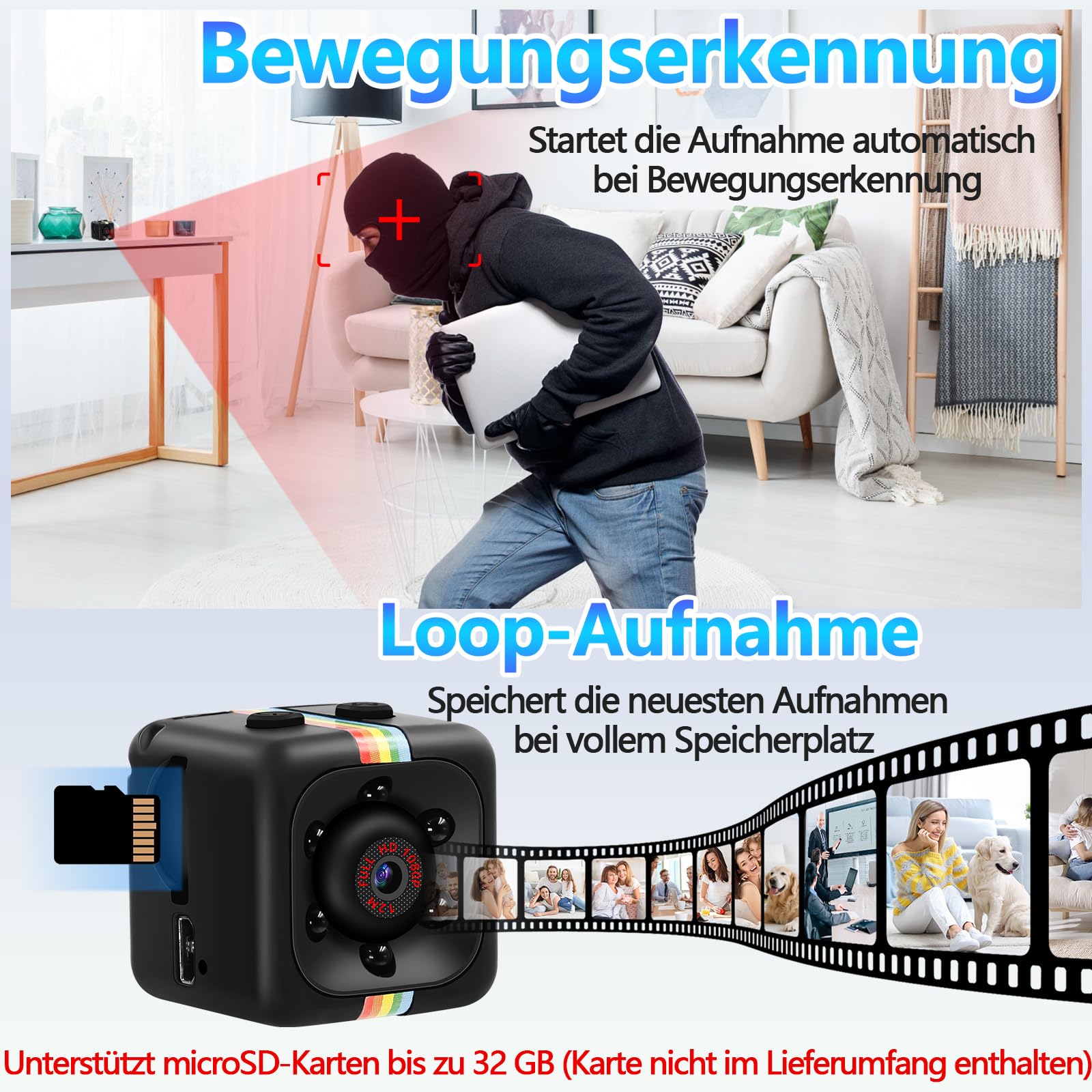 Mini Bodycam, Kleinste 2,2 cm 1080P & 720P HD Kleine Kamera, Hochwertige Nachtsicht Mini HD Kamera mit Bewegungserkennung, Loop-Aufnahme