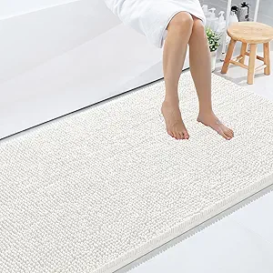 Smiry Luxury Chenille Bathroom Rugs 59x35, Extra Soft and Absorbent Shaggy Bath Mat, Machine Washable, Non-Slip Plush Carpet Runner for Tub, Shower, and Floor, Home Decor Accessories, Ivory