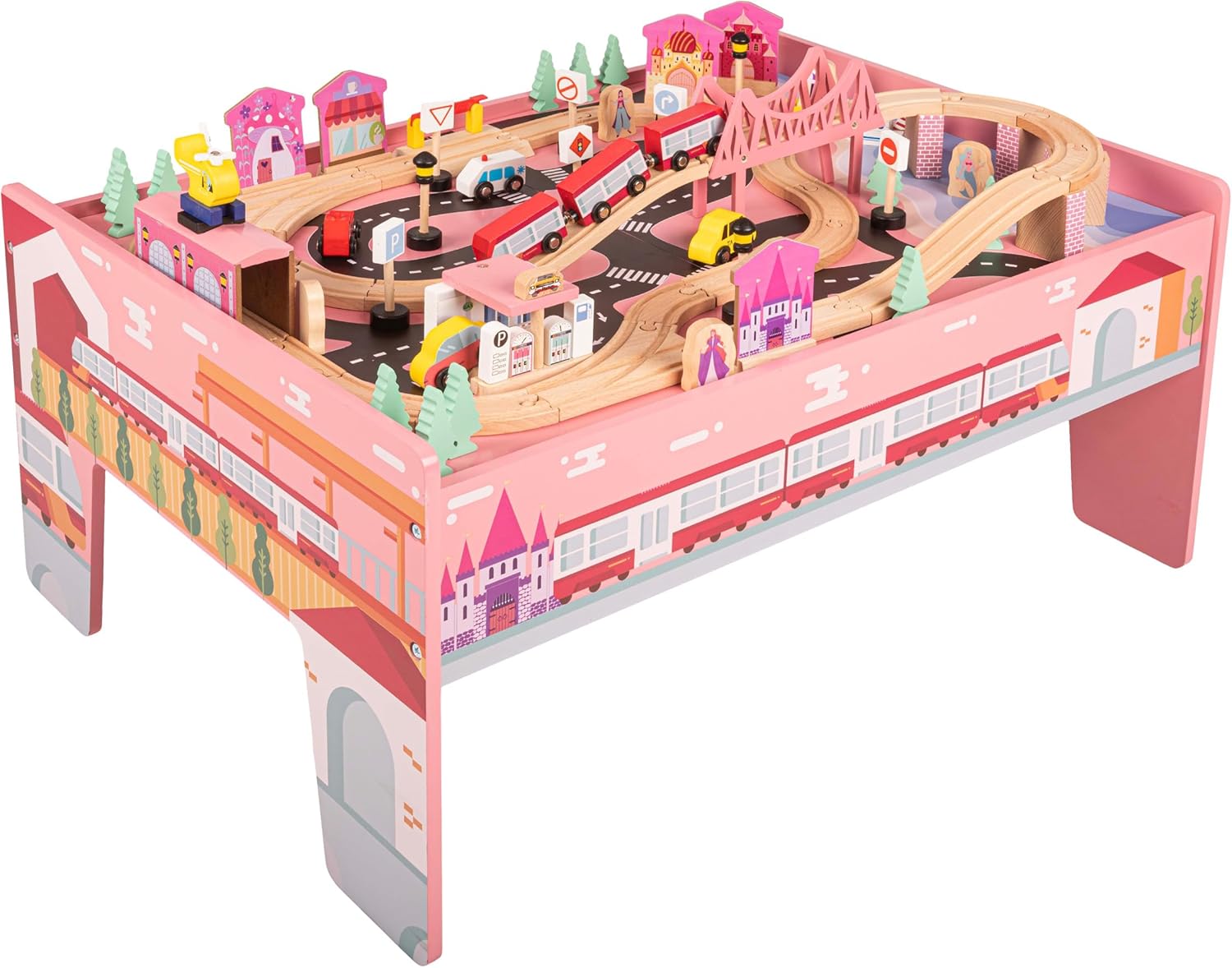 Wooden Train Set - 75-Piece Play Set with Tracks, Vehicles, Buildings, Characters, Illustrated Playing Surface, and Activity Table by Hey Play (Pink)