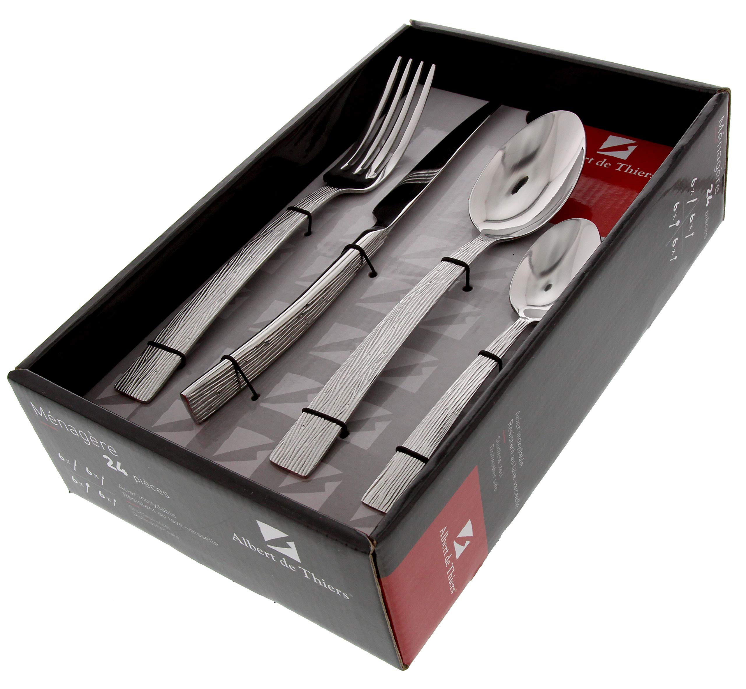 Albert de Thiers - Lisa - Ménagère 24 Pièces - Couverts en Inox - Finition Miroir avec Motif Perlé - 6 Couteaux, 6 Fourchettes, 6 Cuillères - Effet Rainures Bois - Boîte Couleur