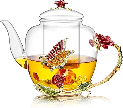 Tetera de esmalte grande de 46 oz44.0 fl oz con infusor, tetera de vidrio floral con mariposa de flor de rosa roja, infusor extraíble para té