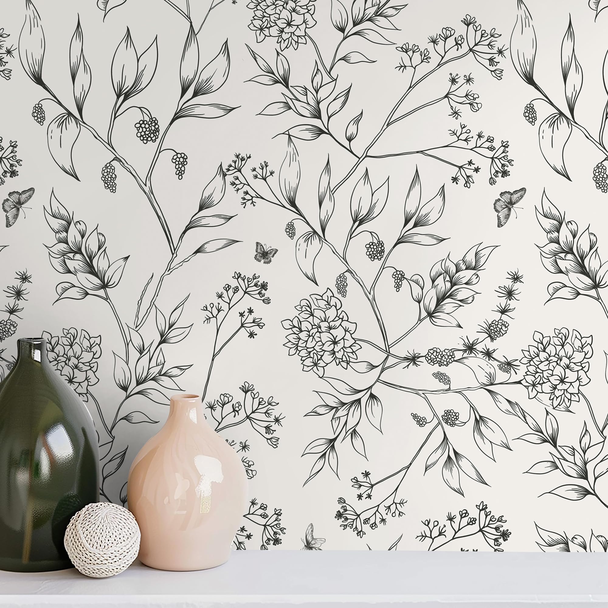 EeeComing Peel & Stick Wallpaper - Black & White Floral Vintage Wallpaper Contact Paper - Removable Self-Adhesive Wall Vinyl Rolls 78.7"x17.3"