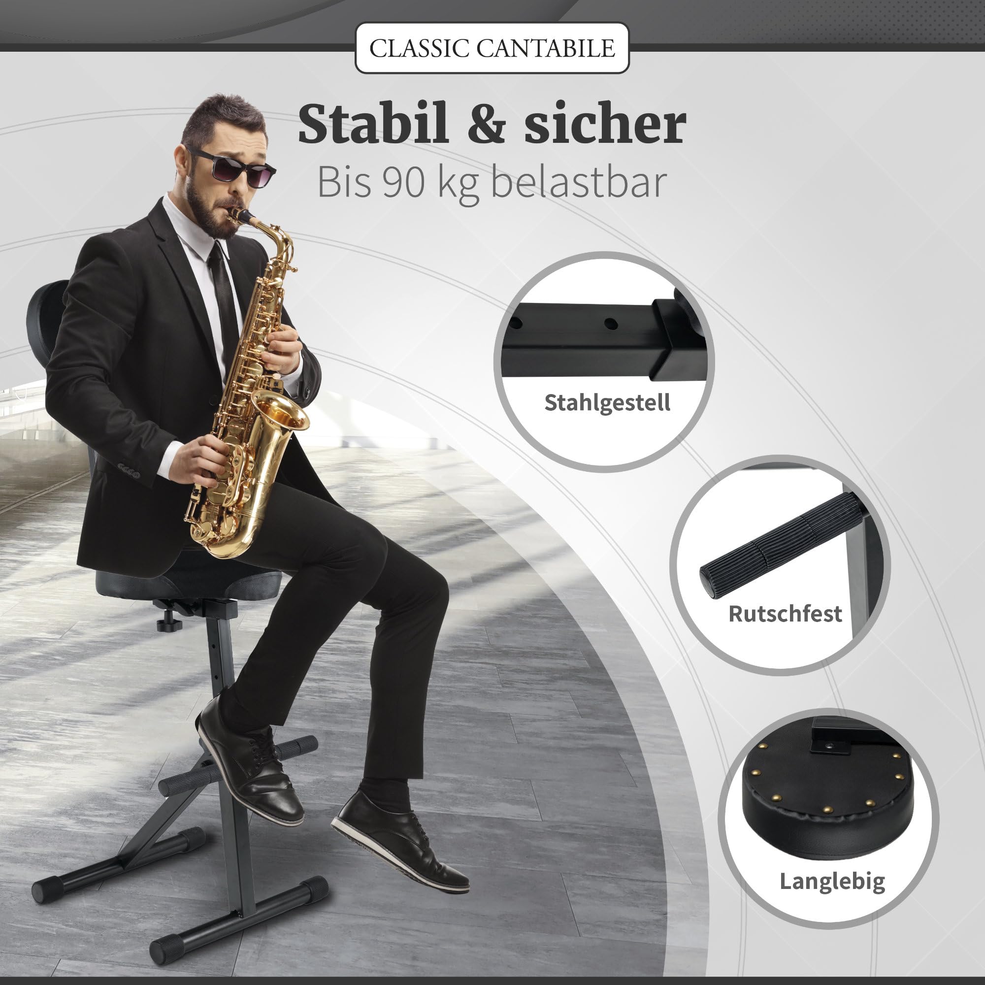 Classic Cantabile ST-200 PRO Stehhilfe, Keyboarder und DJs, Fußstütze | Massives Stahlgestell mit Gummifüßen, Sitzhöhe 5-stufig einstellbar, Lehne 2-fach verstellbar, Sitzfläche (BxHxT): 41 x 8