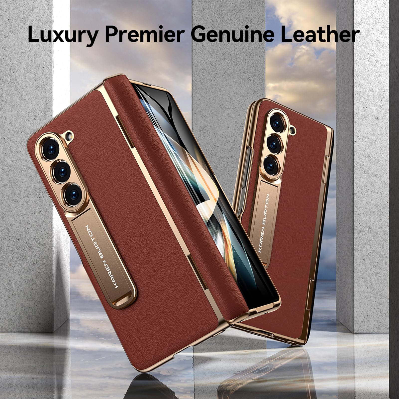 karenDon for Samsung Galaxy Z Fold 5 Phone Case,Luxury Premier Genuine Leather,Full Body Hinge Protection,Built-in Screen Protector,Kickstand Drop Proof Protective Cover (Red)