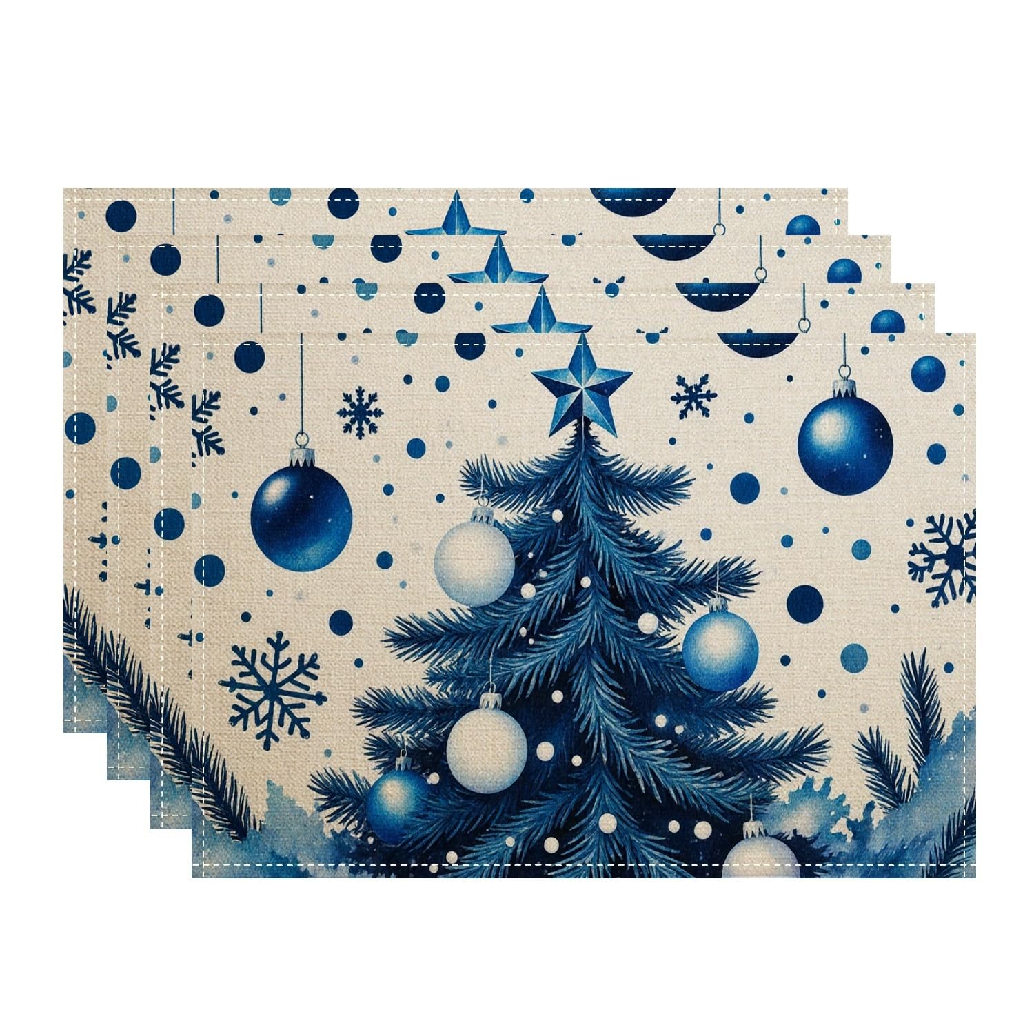 Christmas Blue Tree Placemats, Holiday Snowflake and Ornament Place Mats for Dining Table, Non-Slip Washable Indoor Outdoor Decorative Placemat Set of 4