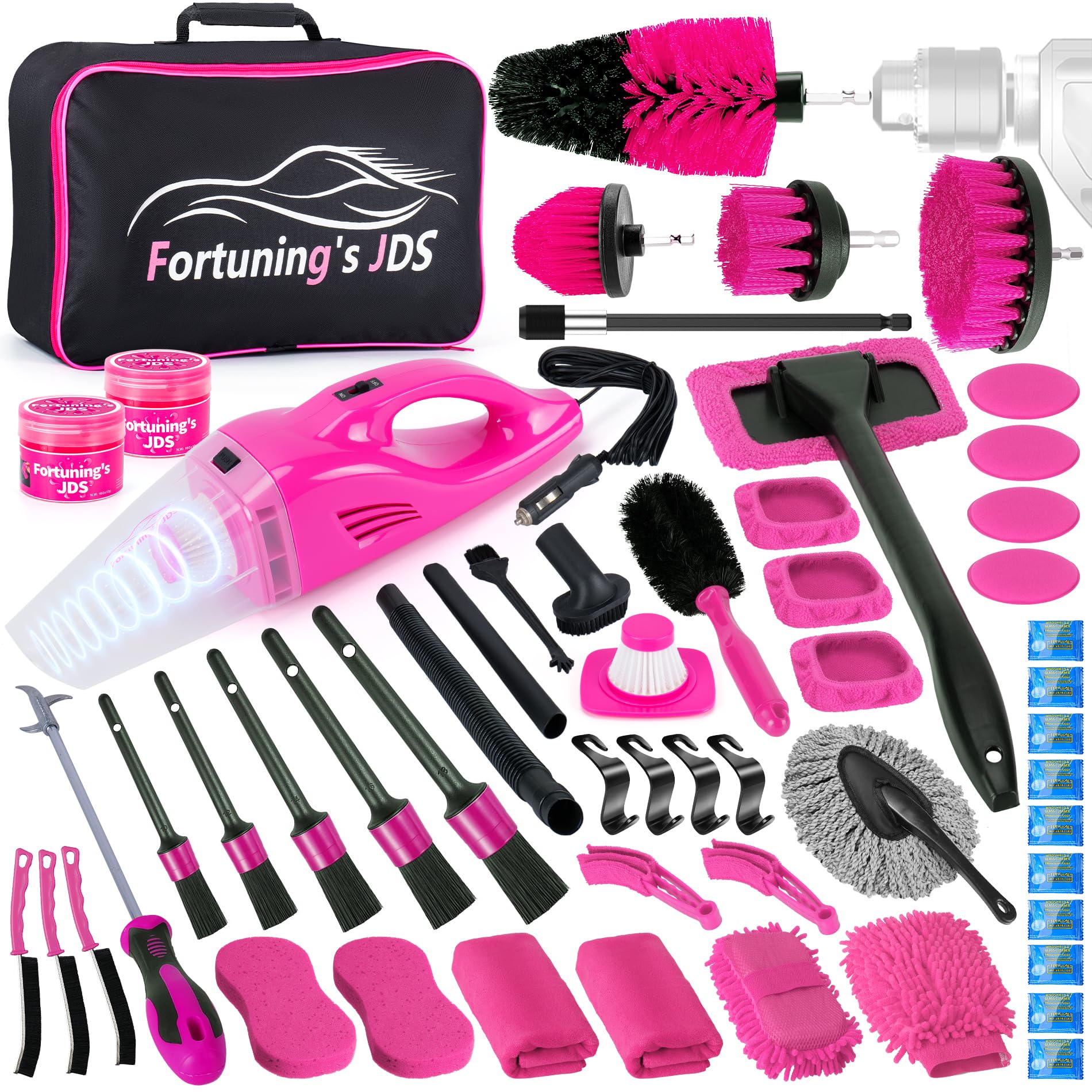Kit di Pulizia per Interni dell'auto, 55 Pezzi, Rosa, con aspirapolvere Portatile ad Alta Potenza, Kit di Lavaggio Auto con Set di pennelli per Dettagli, Kit di Dettagli Interni Auto, Accessori per