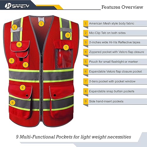 Miniatura 3 de JKSafety Chaleco de seguridad de malla negra de alta visibilidad con 11 bolsillos para hombres y mujeres, construcción reflectante de alta