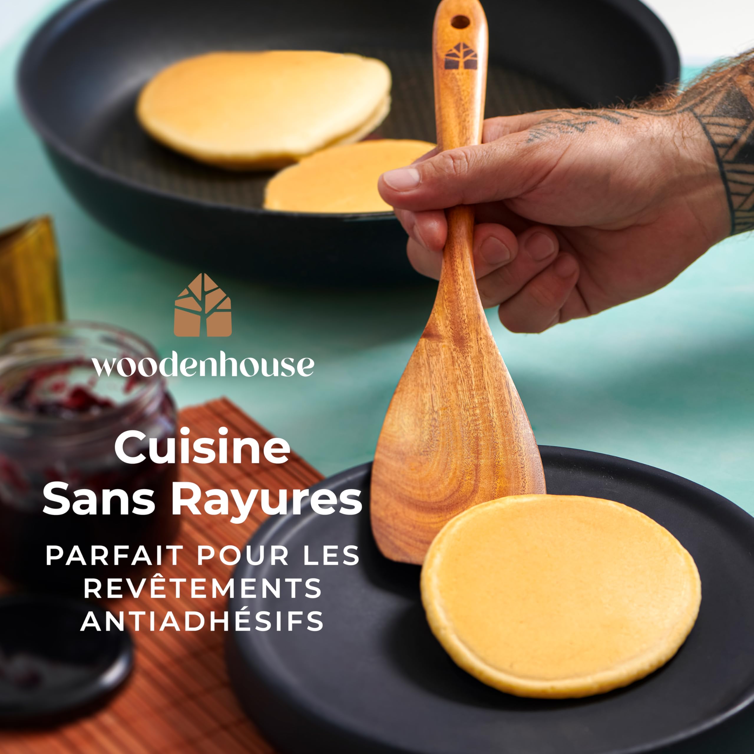 Ustensiles de Cuisine Bois – Ensemble Premium en Teck 22 Pièces avec Cuillère en Bois, Spatule, Crochet, Pot à Ustensiles et Repose-Cuillère – Résistants à la Chaleur, Anti-Rayures, Faciles à Nettoyer