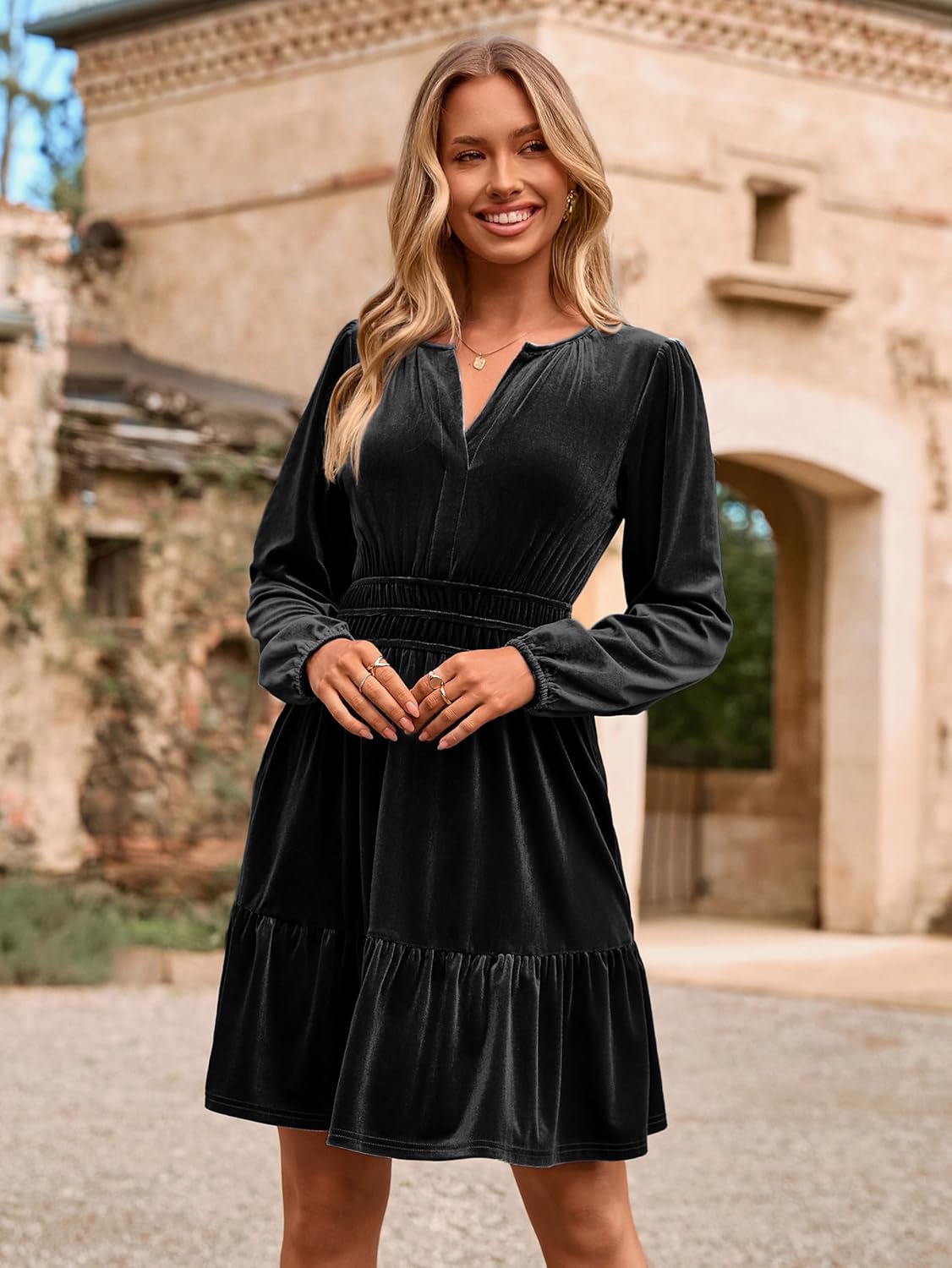 Simplee Womens Velvet Dress 2025 Fall Cocktail Long Sleeve Empire V Neck Wedding Guest Holiday Mini Dresses with Pockets - Image 3