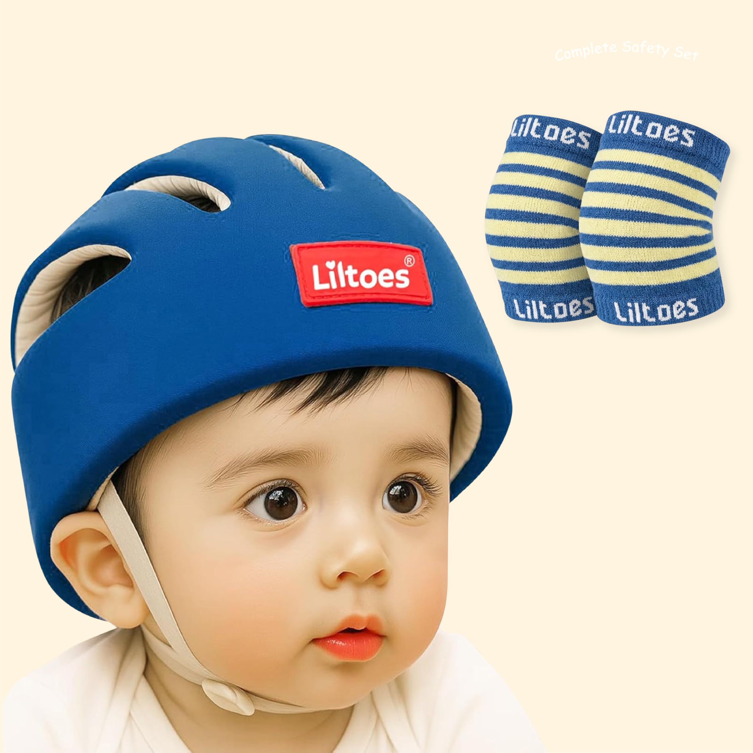 LILTOES Baby Head Protector for Safety of Kids 6M to 60M- Baby Safety Helmet with Proper Air Ventilation & Corner Guard Protection + Baby Kneepads for Crawling (Royal Blue)