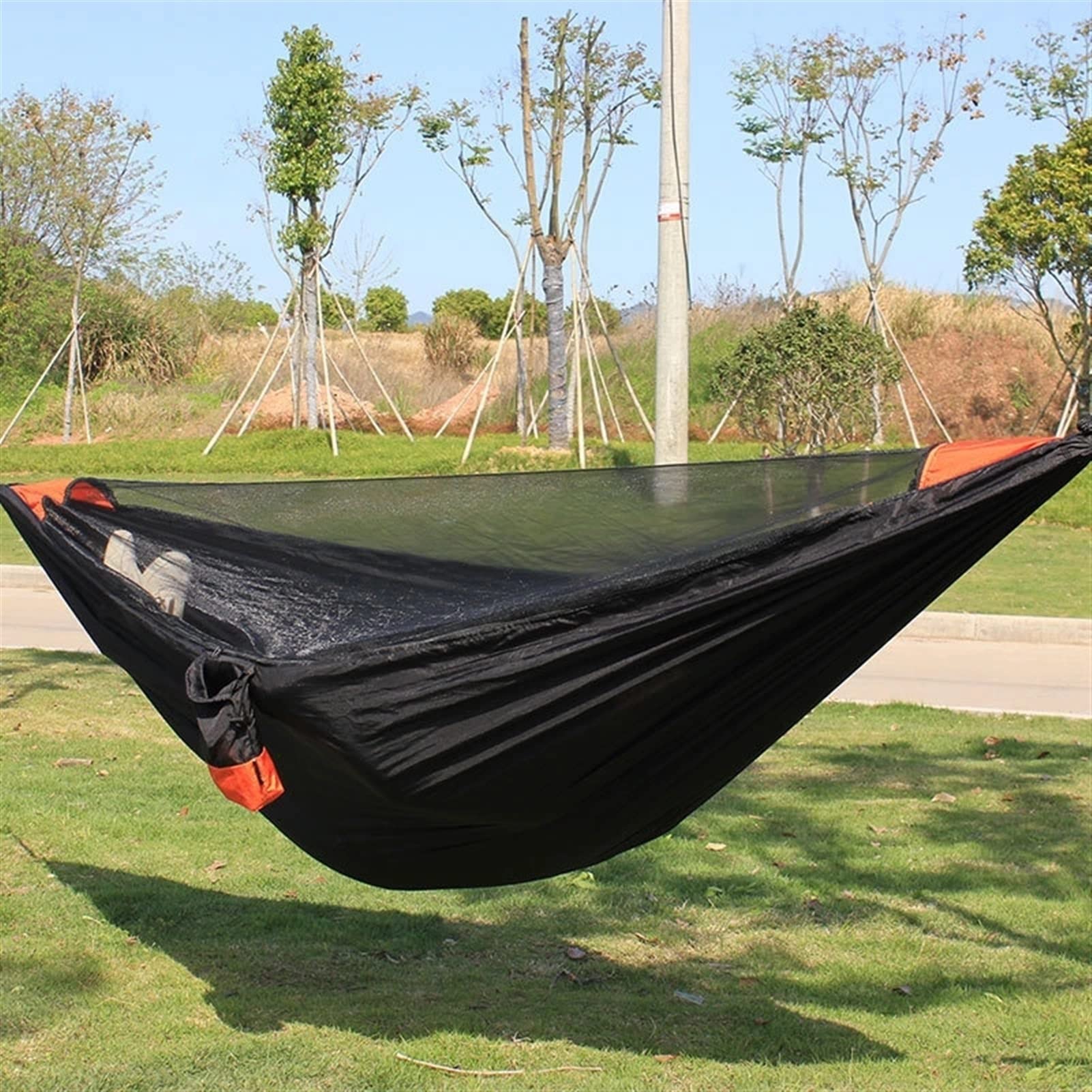 Amaca da campeggio leggera, portatile, amaca da paracadute con due cinghie per alberi, amaca singola o doppia altalena da viaggio in nylon, essenziale per spiaggia, escursionismo, arancione