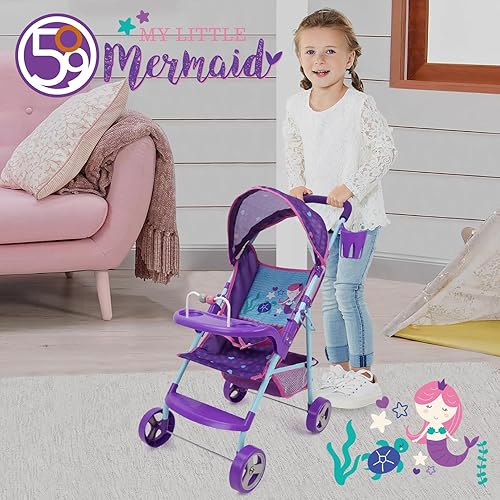 Miniatura 6 de 509 Crew  Cochecito de muñeca sirena  Juego de simulación para niños, toldo y portavasos, fácil de plegar almacenamiento y viajes, se adapta a