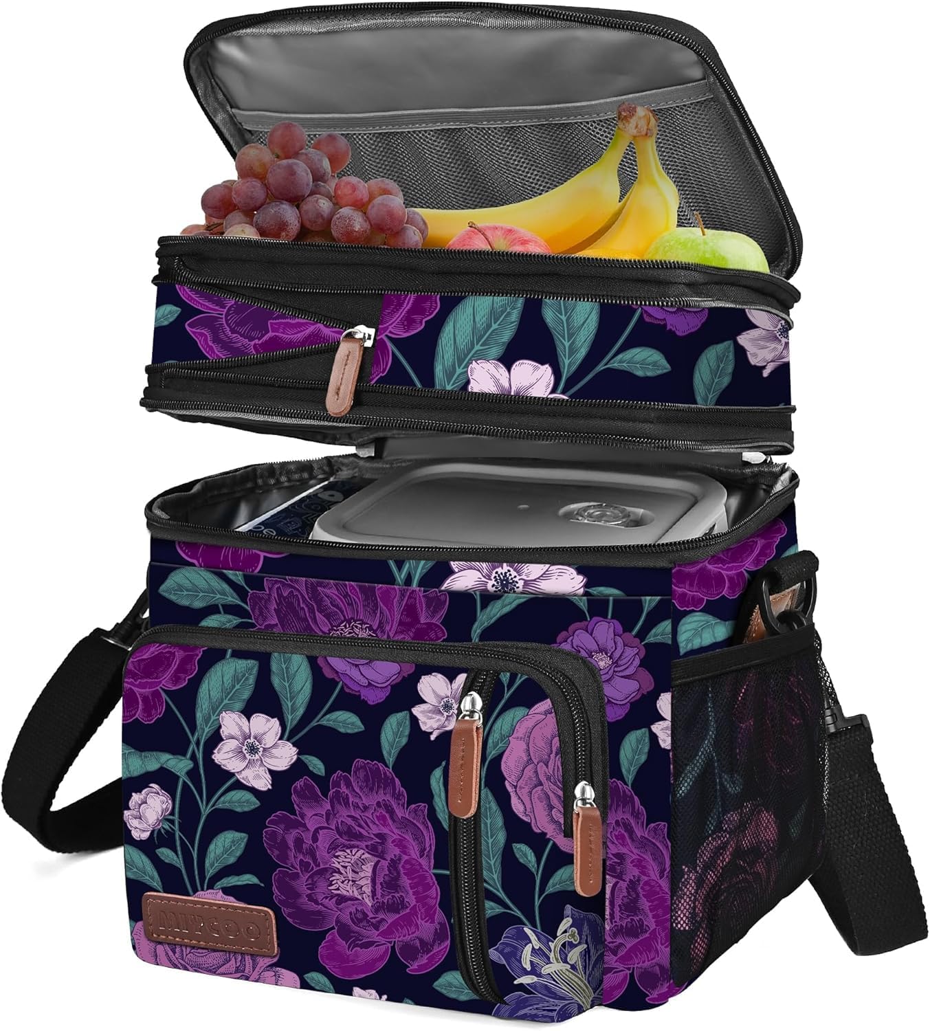 MIYCOO Lunch Bag for Women Men Double Deck Lunch Box - Leakproof Insulated Soft Large Lunch Cooler Bag for Picnic, (Purple Flower,15L)