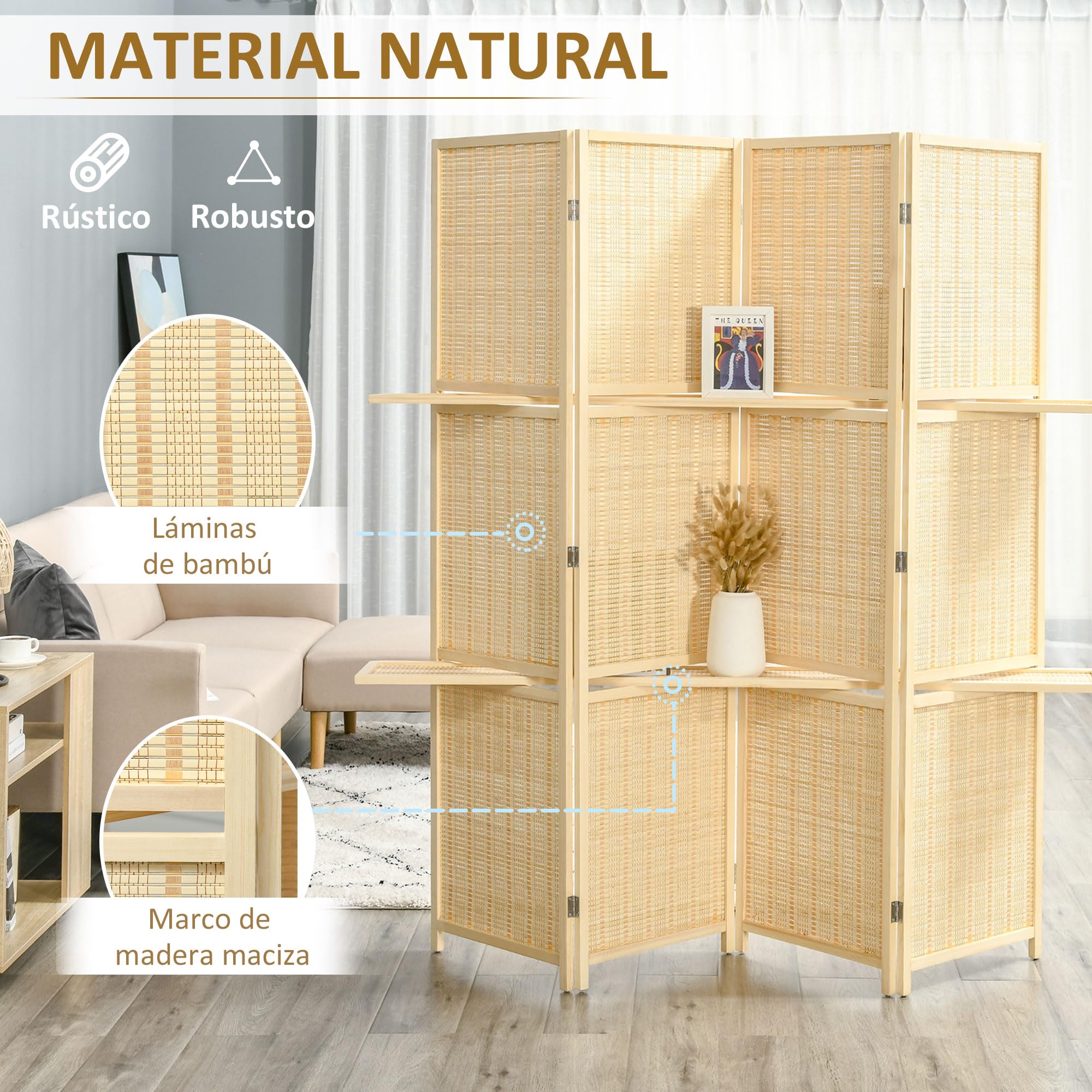 HOMCOM Biombo de 4 Piezas de Bambú Biombo Separador de Ambientes Plegable con 2 Estantes Extraíbles Divisor de Habitaciones Dormitorio 180x180 cm Natural