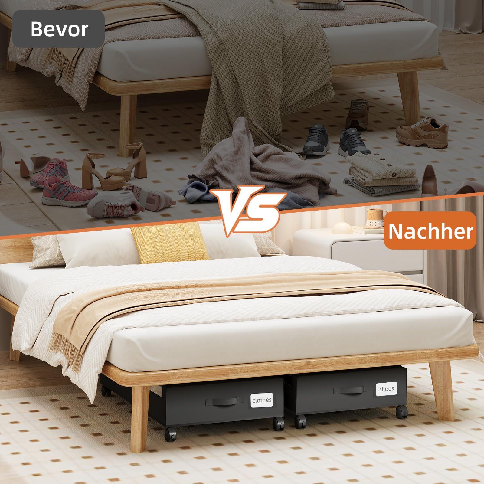 Somdot Unterbett Aufbewahrungsbox mit Rollen, 48L, 4er-Set, Schwarz | Bettkasten, Unterbettkommode mit Rollen, Sichtfenster, Großer Stauraum für Schuhe, Kleidung, 43,5T x 78,5B x 17H
