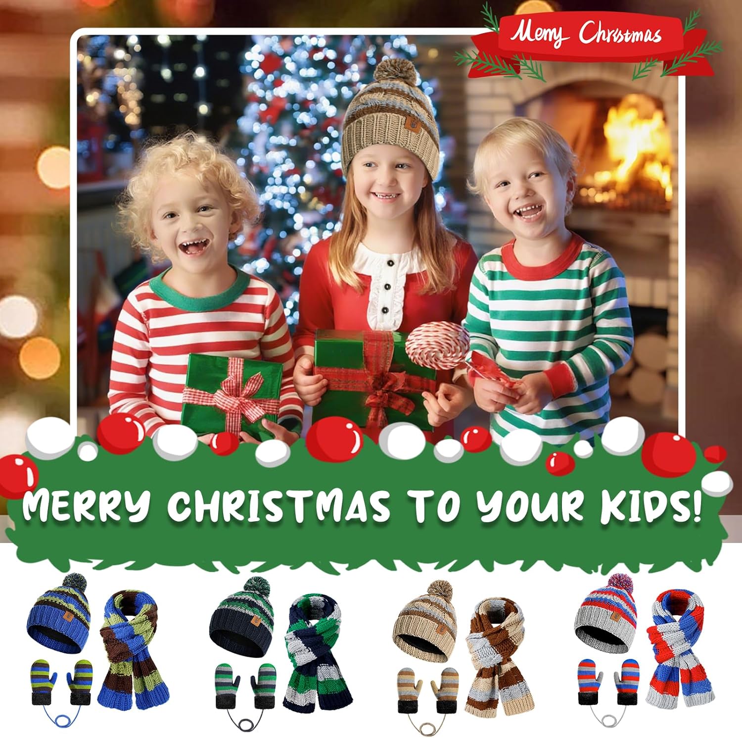 Kids Winter Pompom Beanie Hat Scarf Gloves Set for Boys&Girls Age 3-8, Fleece Lined Skull Cap Neck Warmer Mitten Set - Image 6