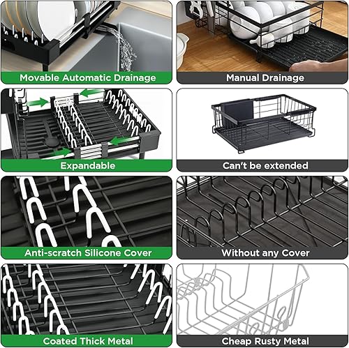 Miniatura 6 de Ollieroo Escurridor de platos, resistente al óxido para encimera de cocina con soporte extraíble para utensilios, ranuras para cuchillos y soporte