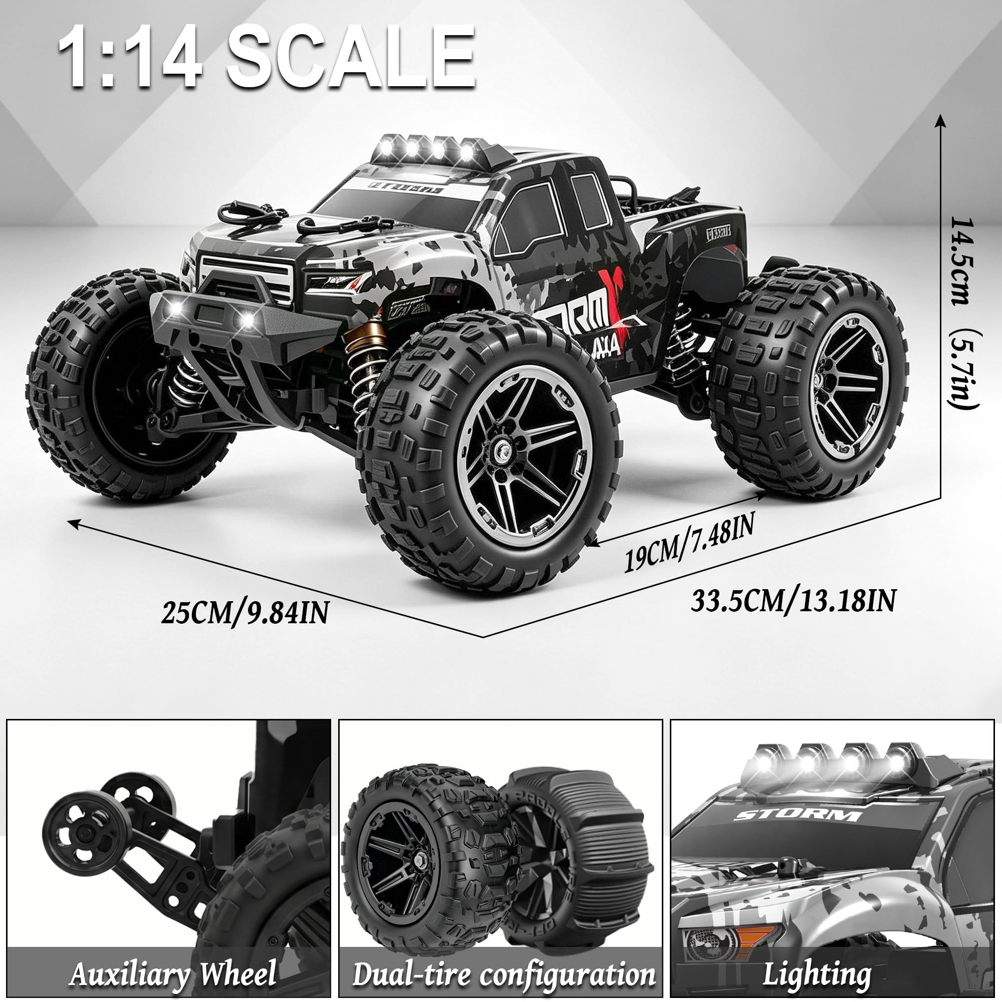 Ferngesteuertes Auto Erwachsene & Jungen - 1:14 All Terrain RC Auto 40+km/h | 4WD Offroad RC Truck 2.4Ghz RC Car mit Metallantriebsstrang 2 Wiederaufladbaren 1300mAh Hochleistungsakku, Zwei Reifensätze