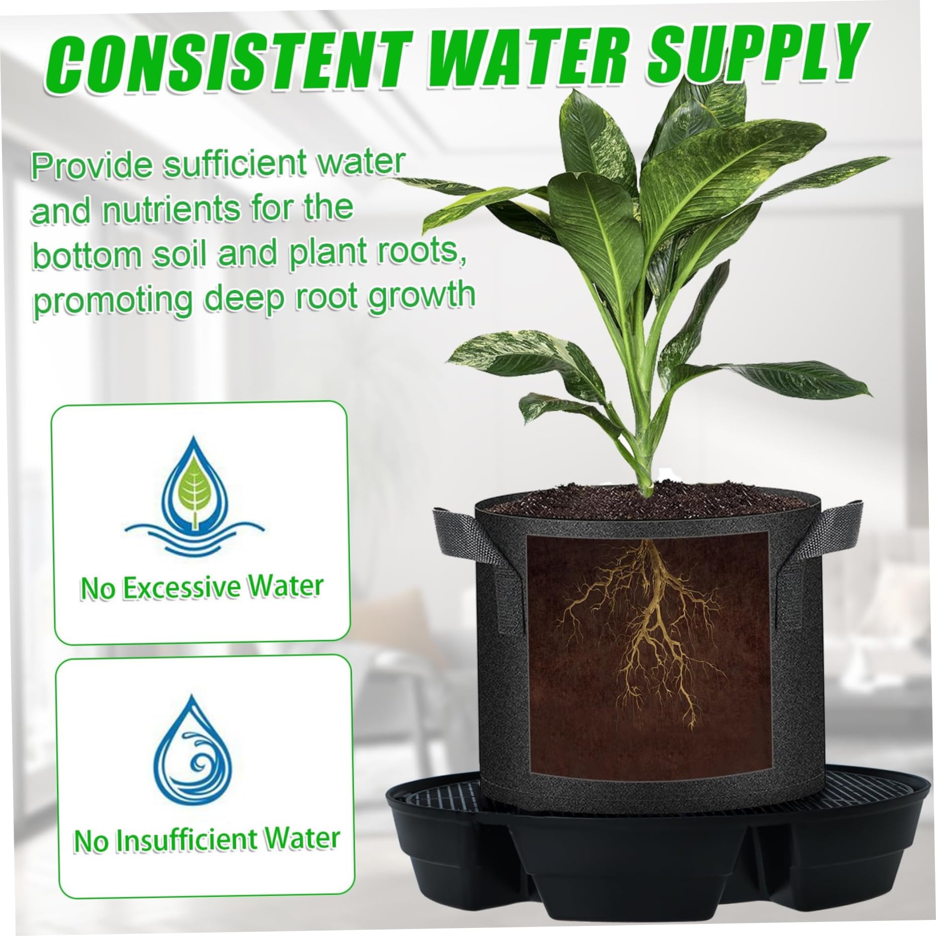 Base de maceta de tela con riego automático, paquete de 4 macetas de tela con mecha de agua ajustable para bolsas de cultivo |.Sistema de autorriego para plantas en macetas de interior, jardines y ti