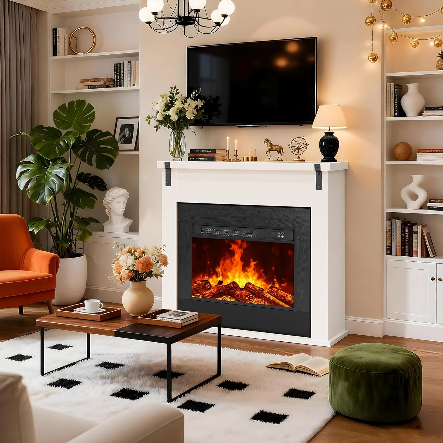 36" Modern Freestanding Electric Fireplace with Mantel, Minimalist TV Stand Electric Fireplace Mantel for Living Room, Bed Room, White