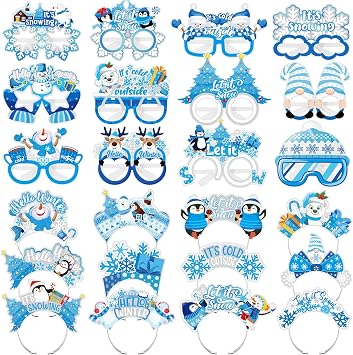 24 Pcs Winter Party Decor Snowflake Snowman Paper Eyeglasses and Headbands Set Cold Party DecorationsWinter Style