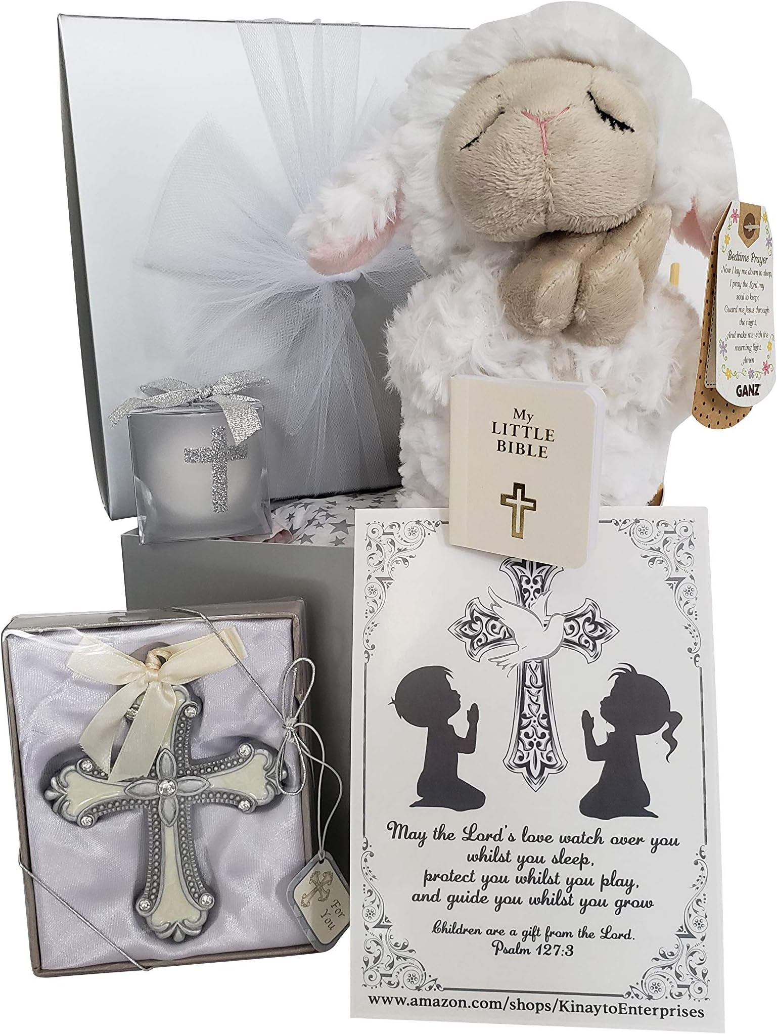 Christening Baptism Gift Set for Boy Girl Baby or Kids. Includes Ganz Praying Lamb, Crib Cross, Candle and Miniature Bible Beautifully Wrapped in Silver Gift Box with Bow. Religious Catholic Christian