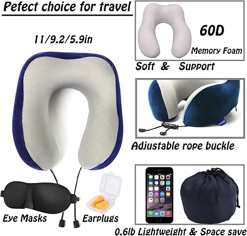 Miniatura 2 de Almohada de viaje, almohada cervical para dormir durante el viaje, hecha al 100% de espuma viscoelástica pura, almohada suave, cómoda y de apoyo