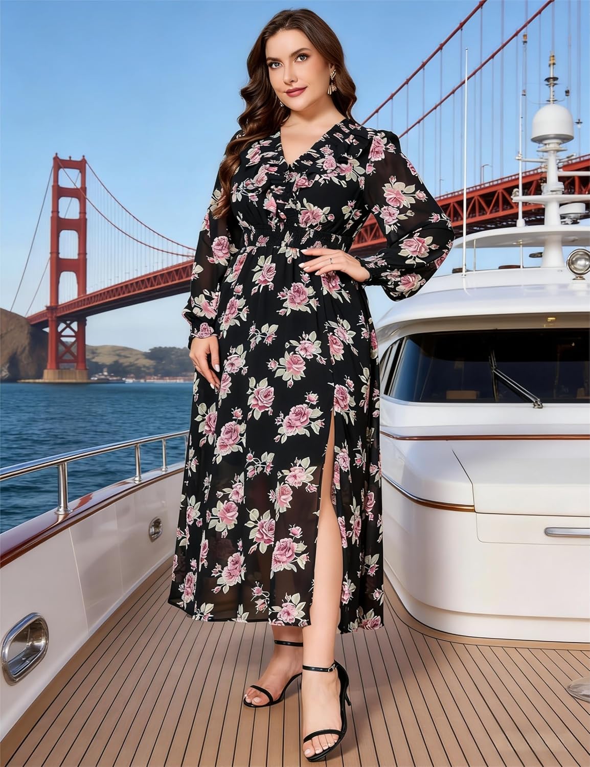 EYWOL Wedding Guest Dress - V Neck Floral Long Sleeve with Slit, Flowy Chiffon for Curvy Women (M-3XL)
