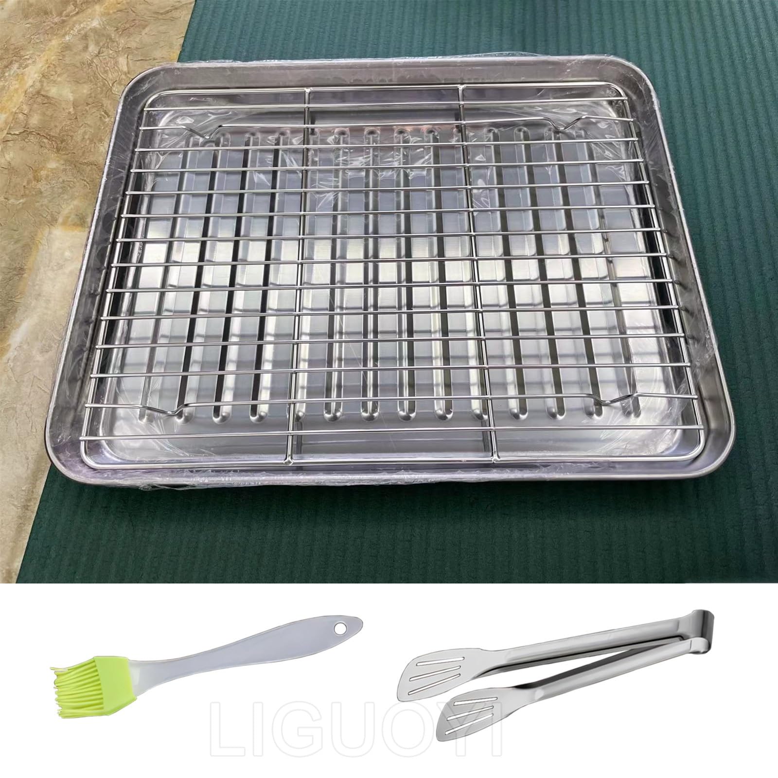 Bandeja para Hornear de Acero Inoxidable, Antiadherente, Rectangular, con Rejilla para Enfriar, Resistente al Calor, para Horno Tostador (410 x 310 mm)
