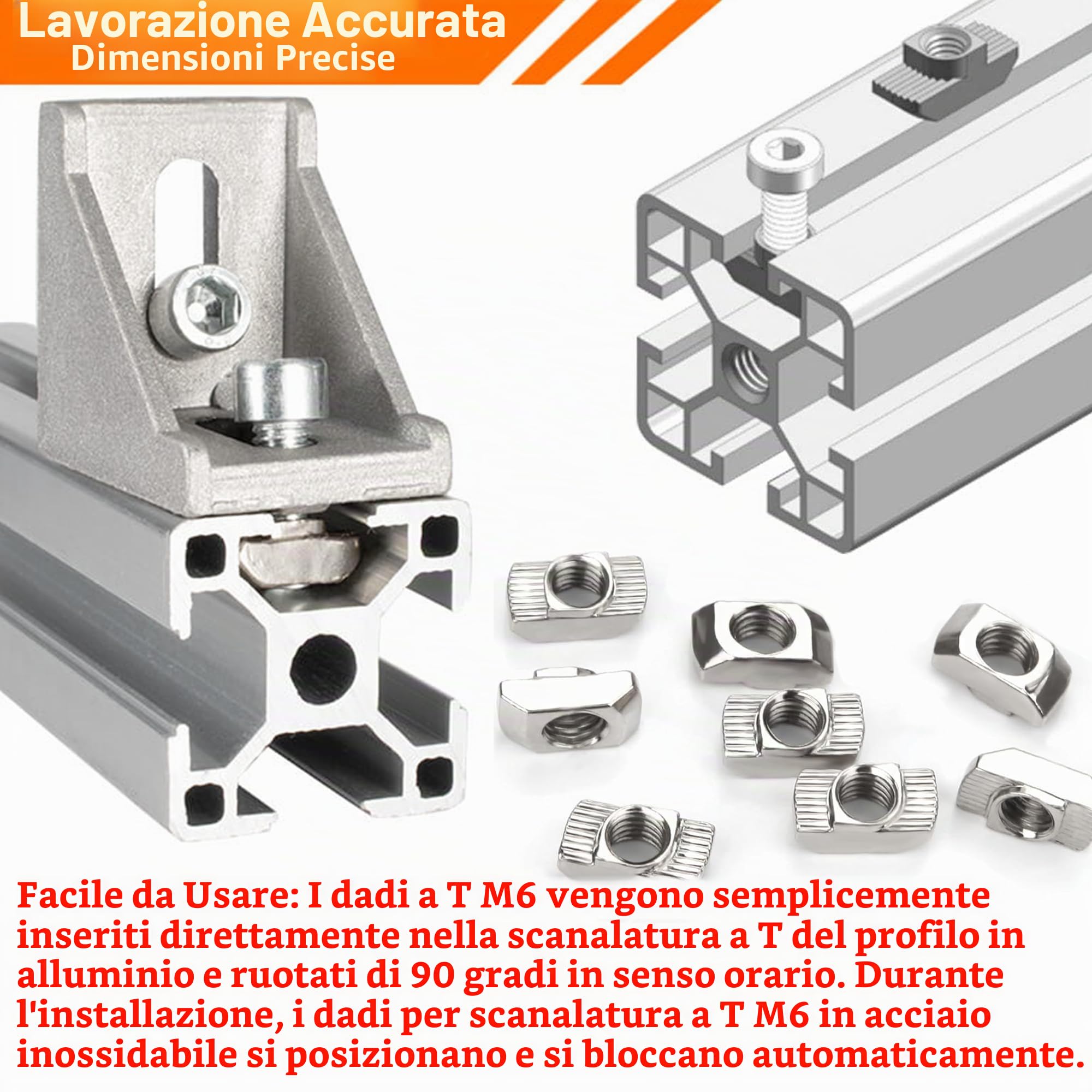 laeeyin 60 pezzi per scanalature M6 in acciaio al carbonio, dadi a T, dadi a martello, per profilo in alluminio, scanalatura di estrusione (EU30-M6-15,5X8)