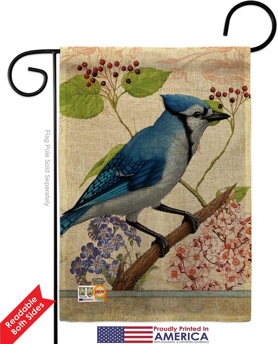 Blue Jay Floral Garden Flag Set with Stand Friends Flamingo Hummingbird Cardinal Peacock Springtime Natural Wildlife Small Decorative Gift Yard House Banner Double-Sided Made In USA 13 X 18.5