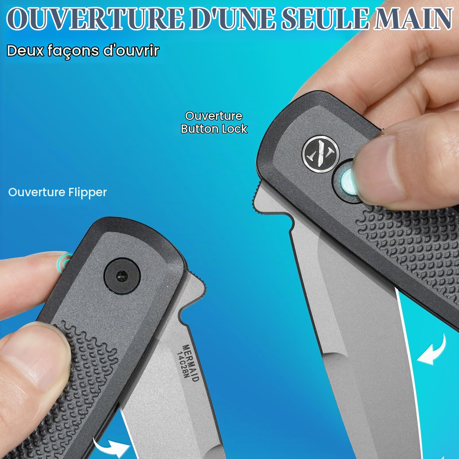 NedFoss MERMAID II couteau pliant, 14C28N acier couteau survie, Longueur lame 7.5 cm, Poignée en aluminium à poids réduit, clip ceinture, button lock, mini couteau de poche