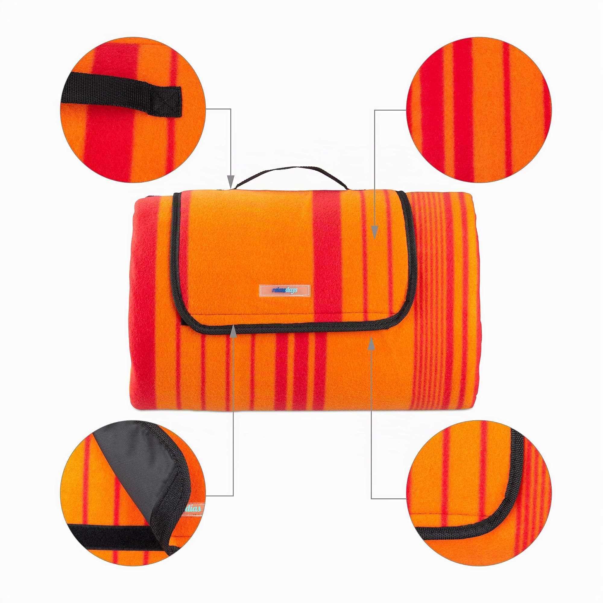 Relaxdays Manta para pícnic XXL, Manta para Playa, Plegable, con asa, Rayas, Rojo y Naranja, 200x200 cm
