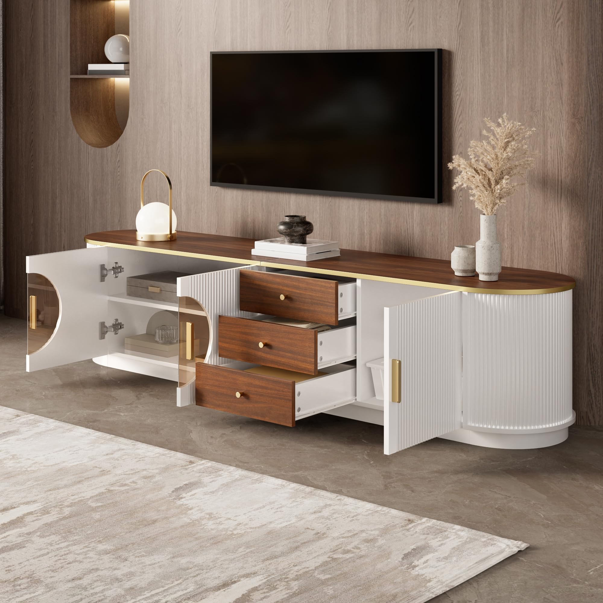 Meuble TV,Support Télé,3 Portes,2 Etagères,3 Tiroirs,Longueur 180cm,Table Télé de Salon,Armoire Basse Moderne en Bois Salle de Séjour Intérieur,Ovale