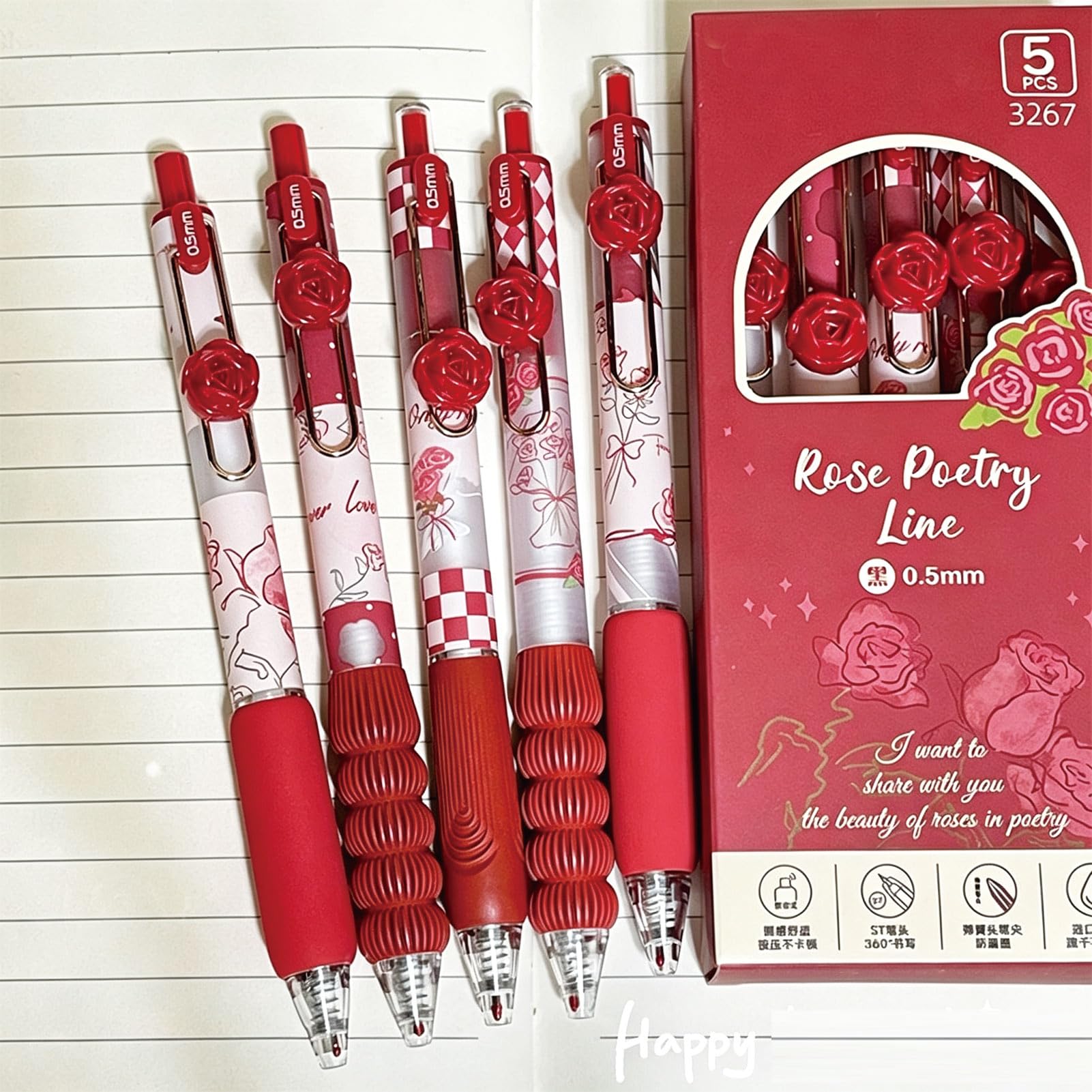 MOZXIRZ 5 penne a inchiostro gel retrattili, graziose penne estetiche a forma di fiore, 0,5 mm, penne a inchiostro nero, penne per scrittura per donne e ragazze, penne per ufficio e scuola (rosso)