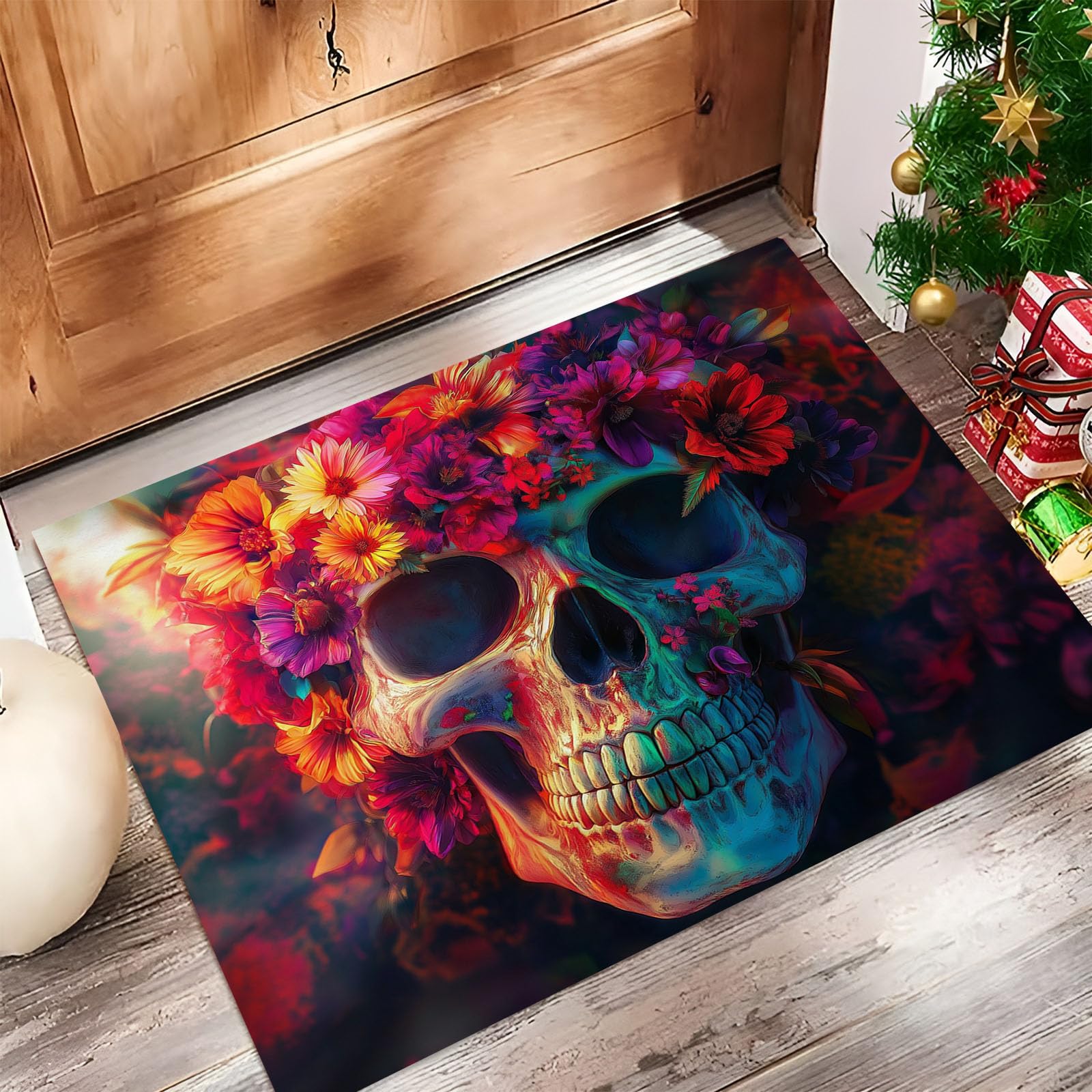 Felpudo de esqueleto de Halloween y flores de fantasía, lavable escarlata 50x80