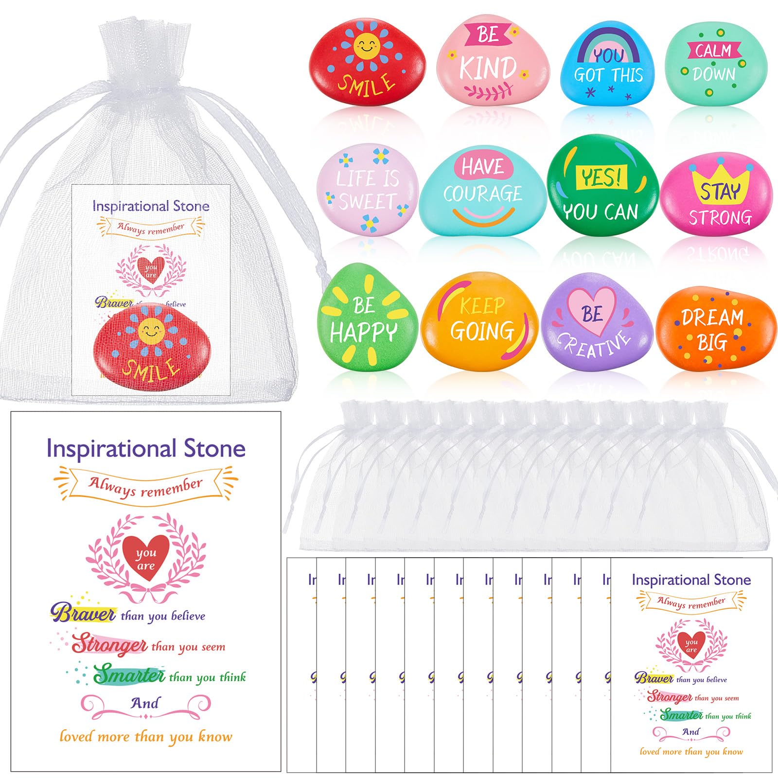 Nuanchu 12 Pack Engraved Inspirational Stones Gift Set Colored Handmade Awesome Words Rocks Decorative Stones with Organza Bags and Encourage Card for Women Man Teacher Employee