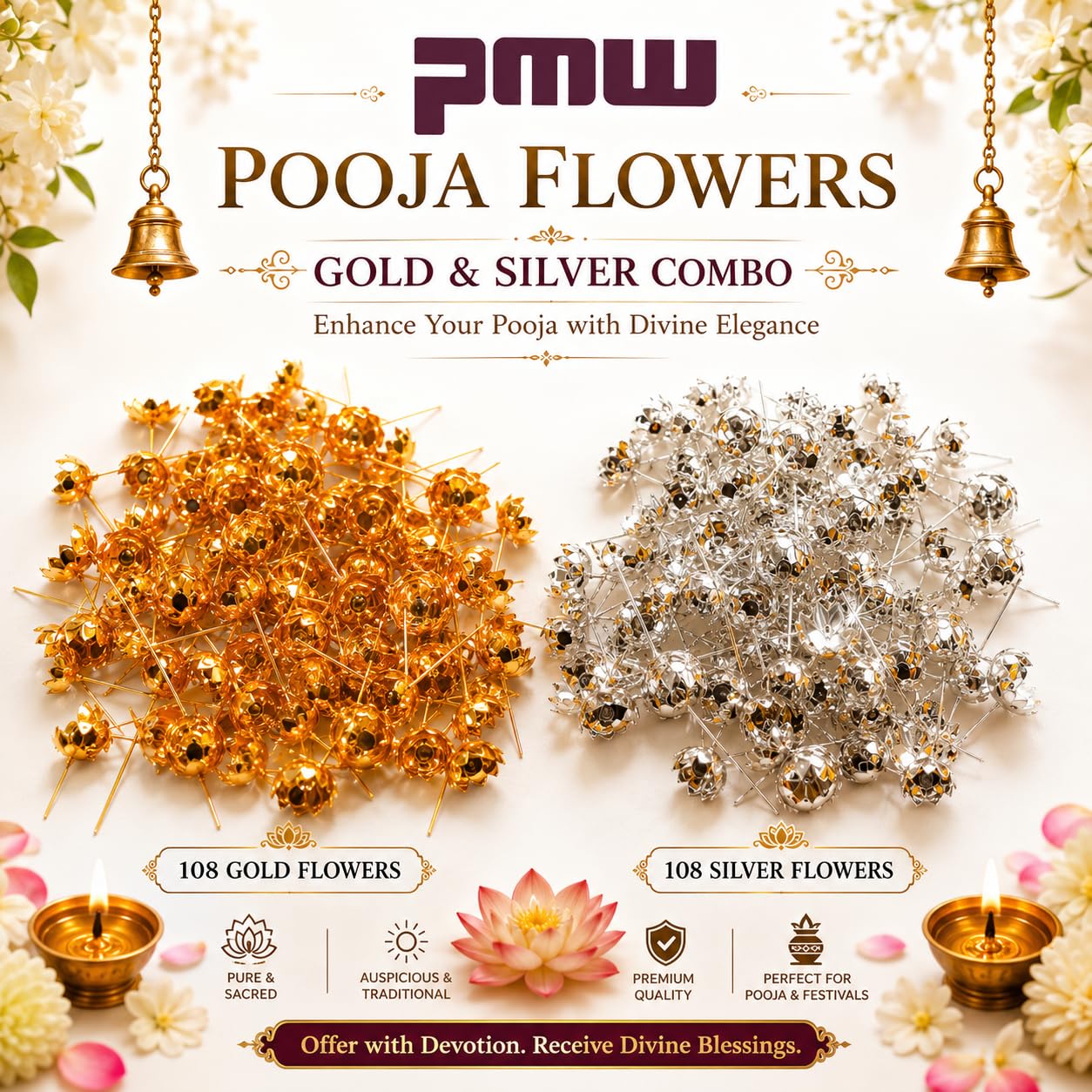 pmw - Combo Pooja Flowers Gold & Silver Combo (108 Gold + 108 Silver) for Hindu Puja, Lakshmi Pooja, Varalakshmi Vratham, Navaratri, Temple Decoration & Divine Offerings-image-39