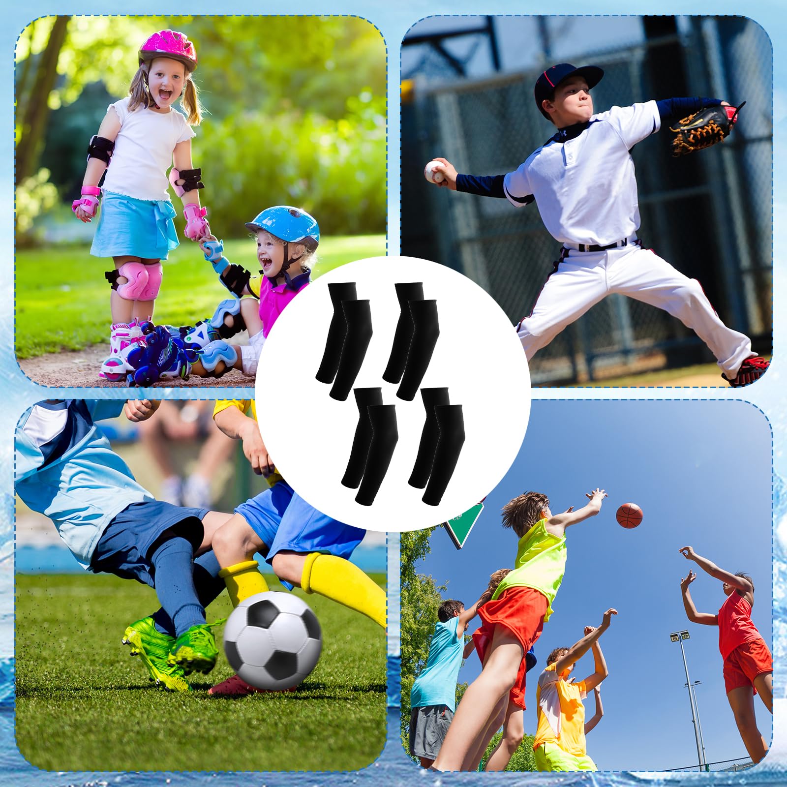 NQEUEPN 4 Pares de Manguitos para Niños, Protección y Enfriamiento para Baloncesto, Tenis, Fútbol, Actividades al Aire Libre, Bloqueador Solar y Comodidad